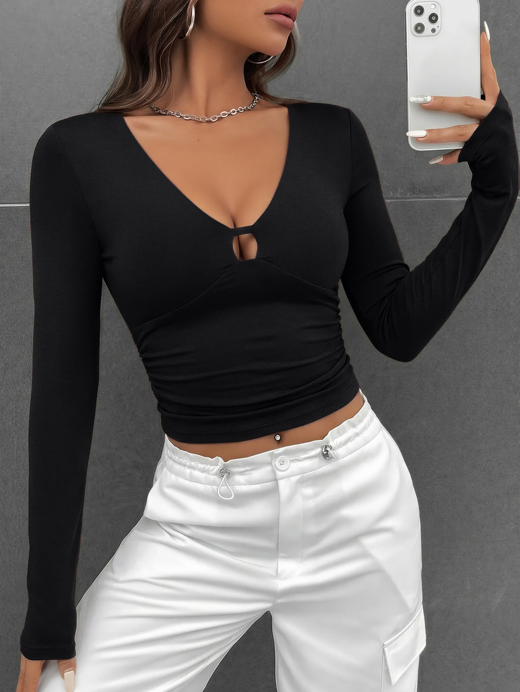 Sexy Cutout V Neck Long Sleeve Slim Fit Top