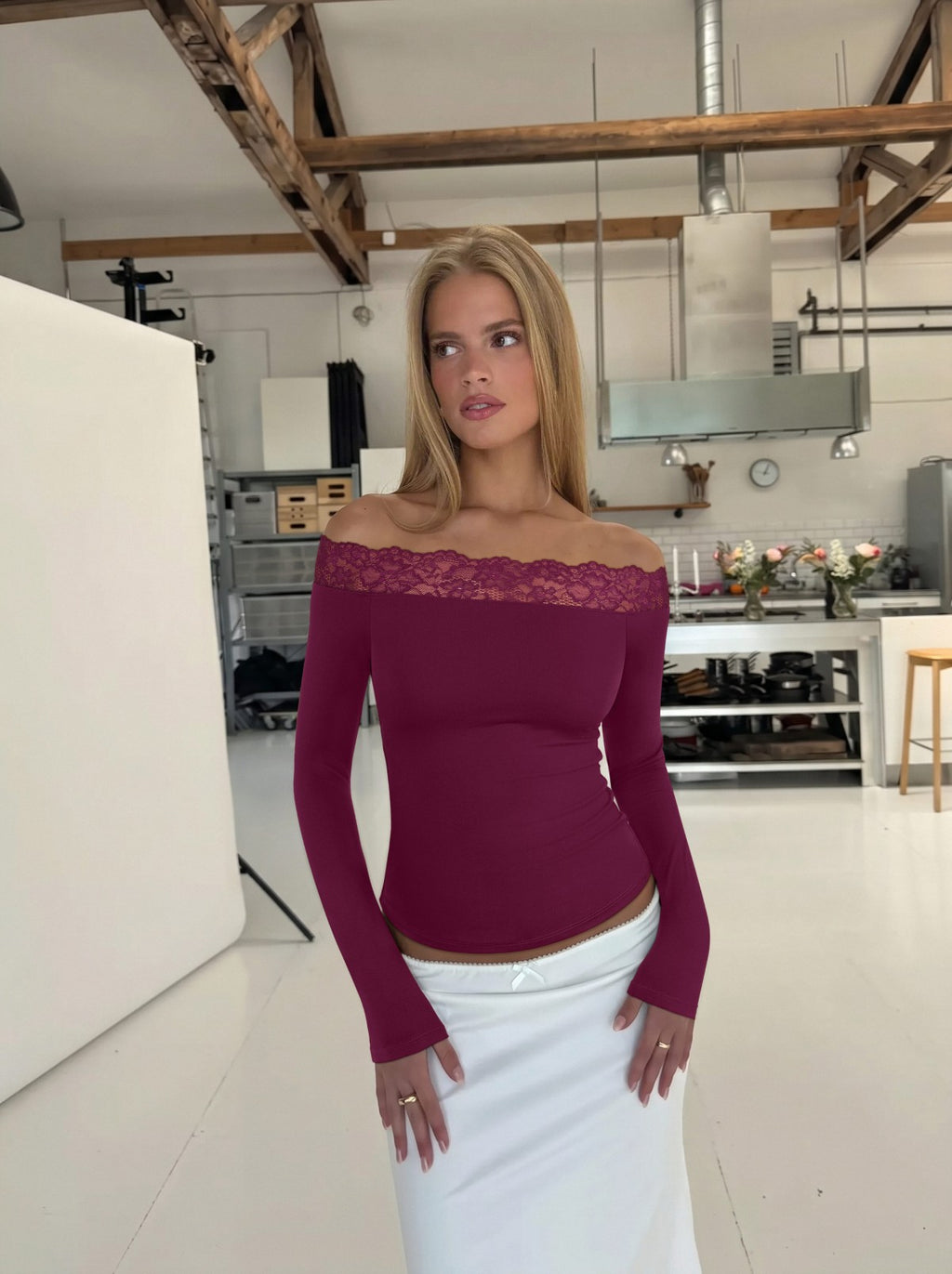 Lace Trim Off Shoulder Long Sleeve Double Lined Slim Fit Top