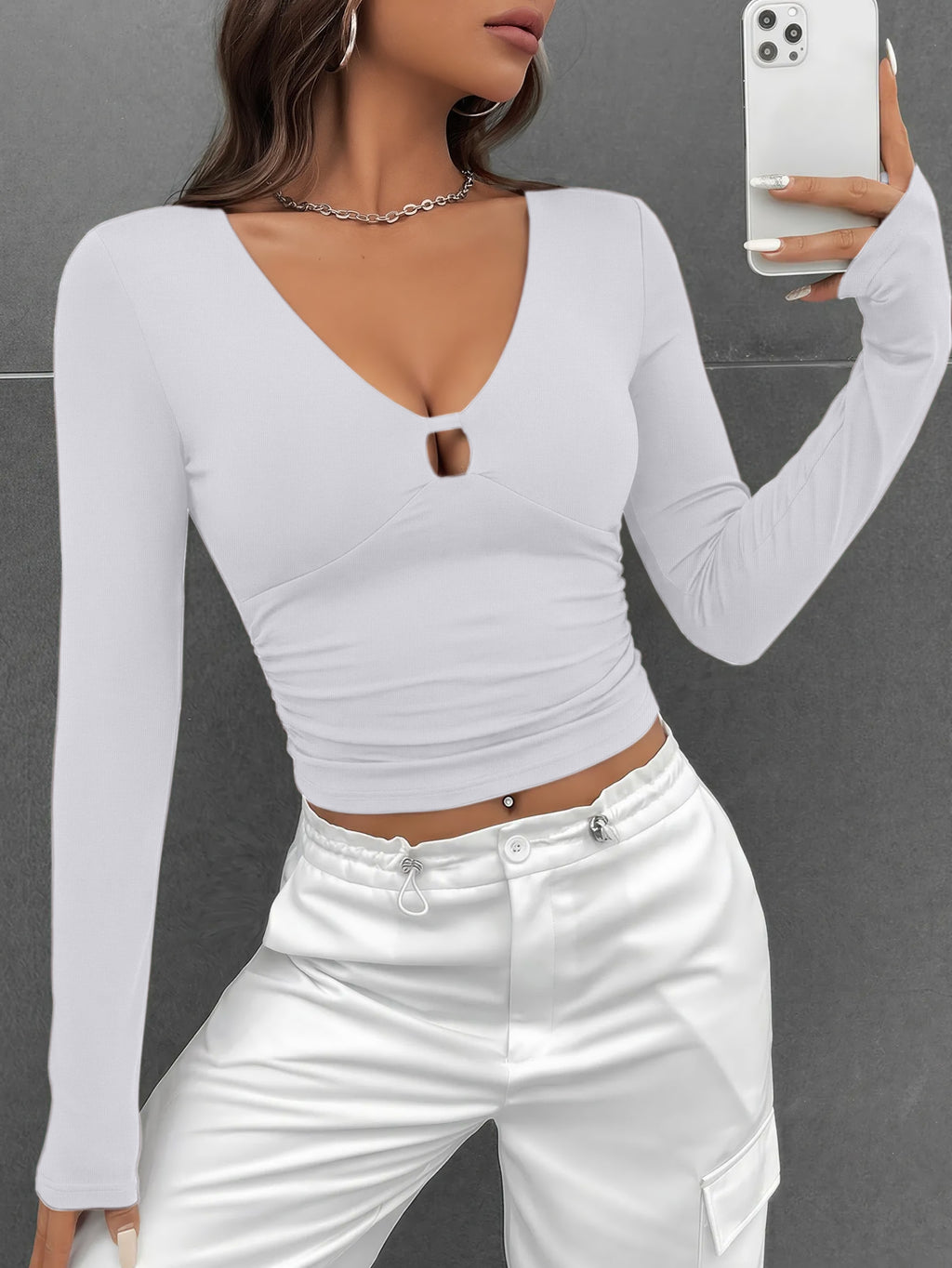 Sexy Cutout V Neck Long Sleeve Slim Fit Top