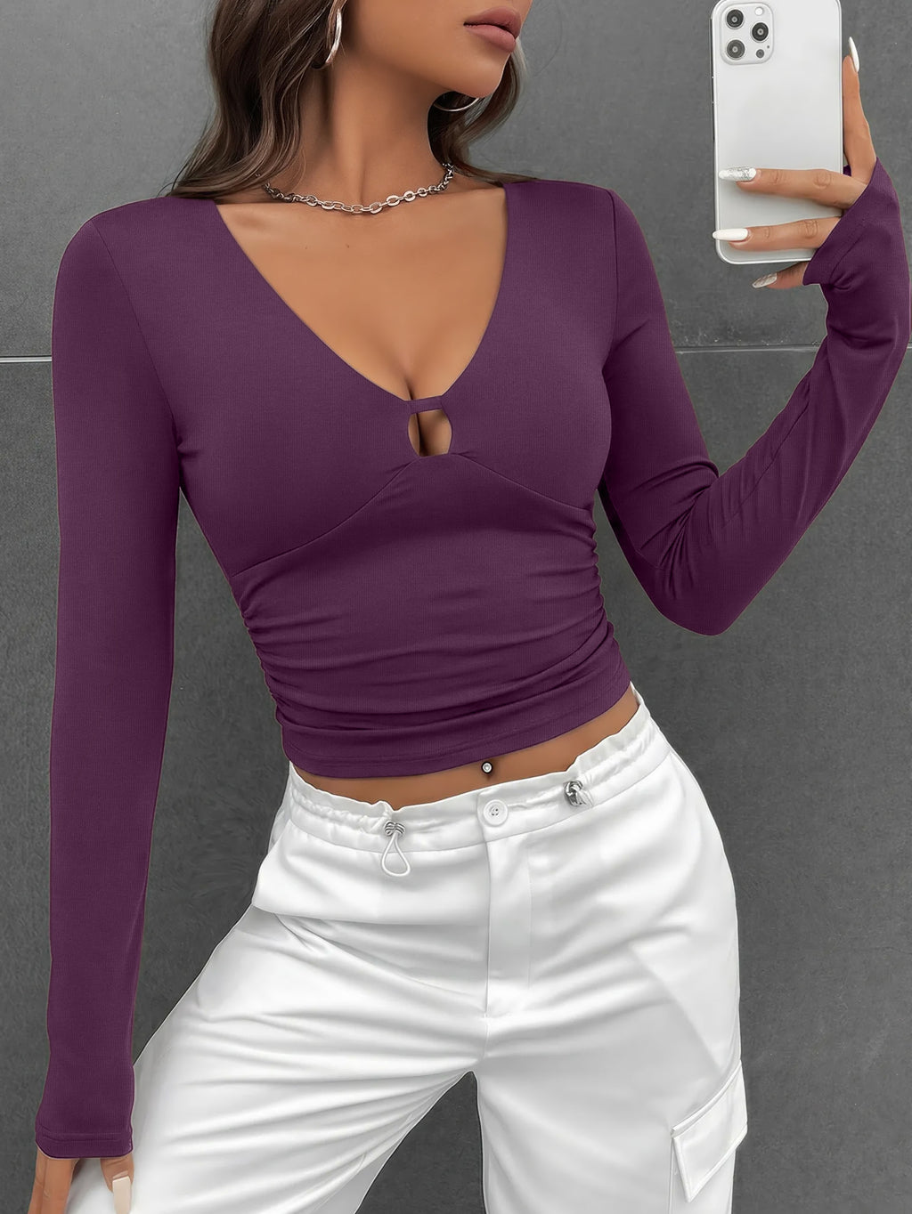 Sexy Cutout V Neck Long Sleeve Slim Fit Top