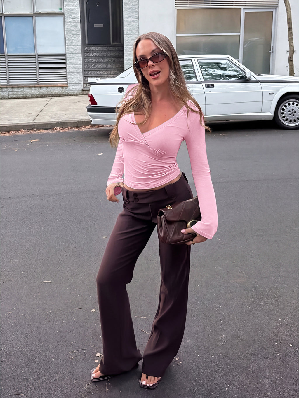 Wrap Deep V Neck Long Bell Sleeve Tops