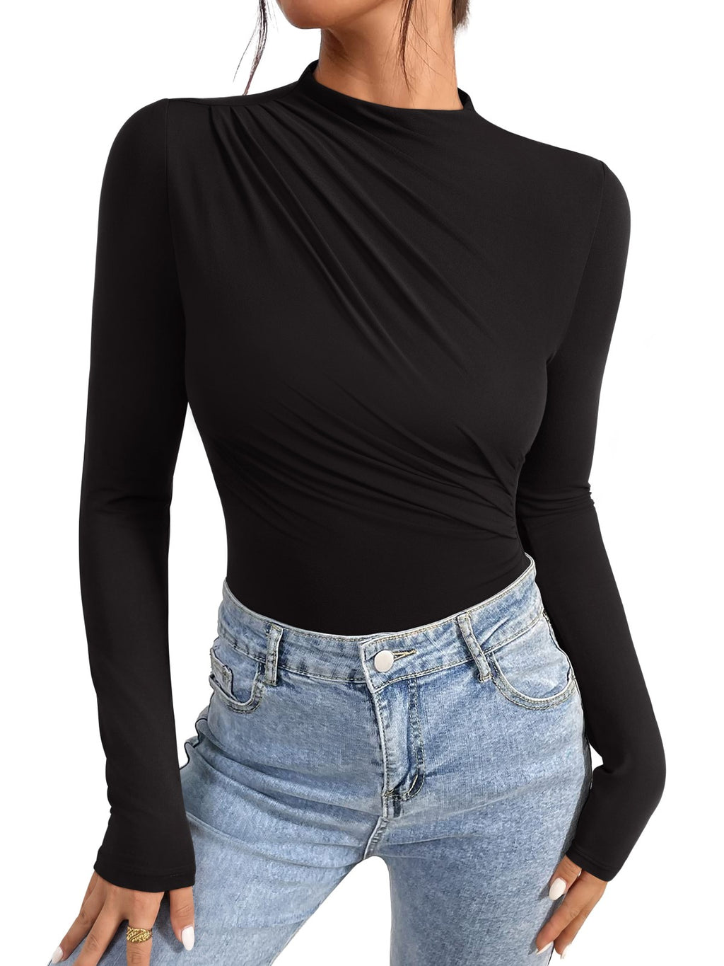 Ruched Basic Layering Mock Neck Slim Fit Bodysuit