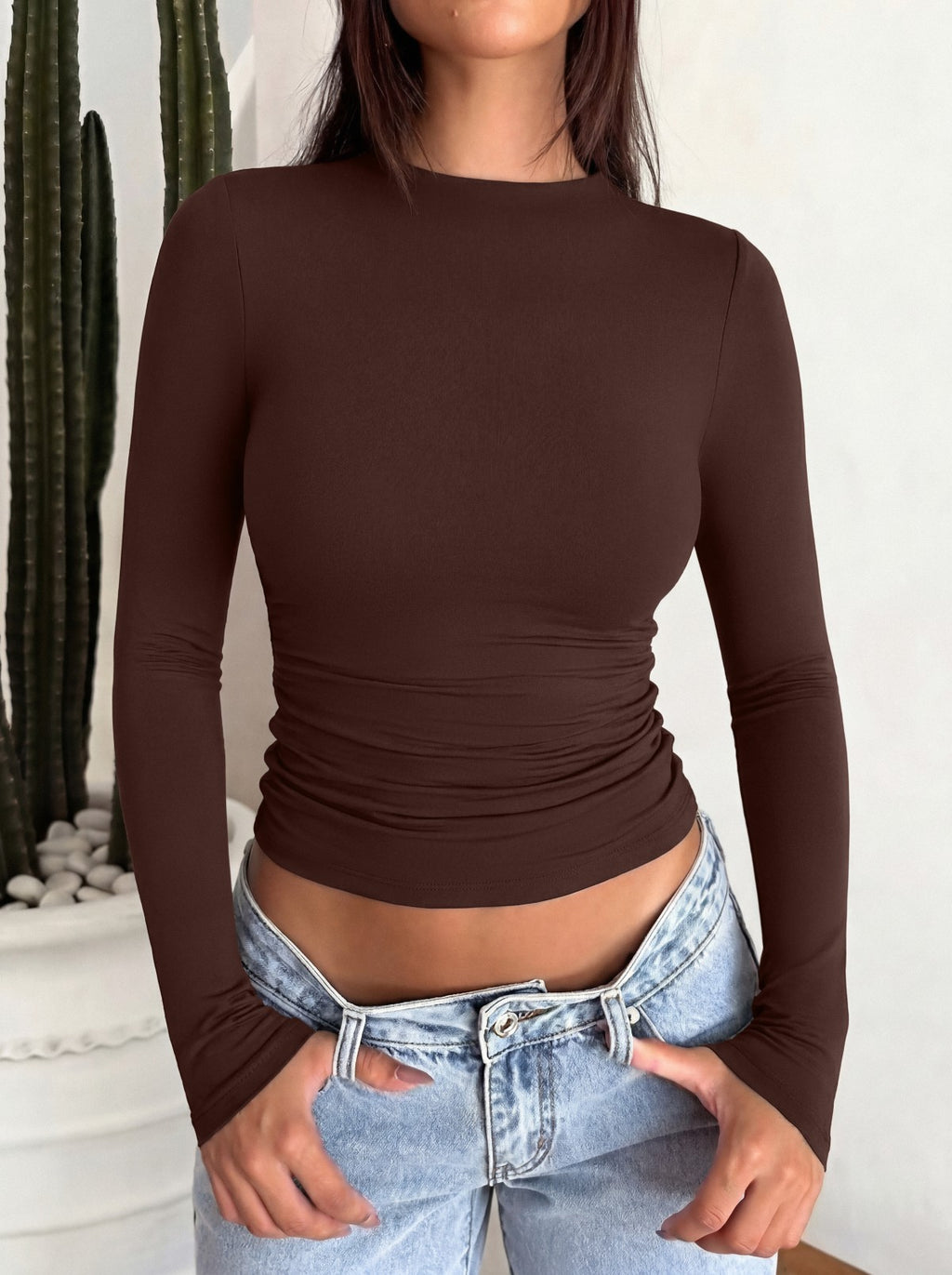 Mock Neck Ruched Waist Ruched Tops for Business Casual