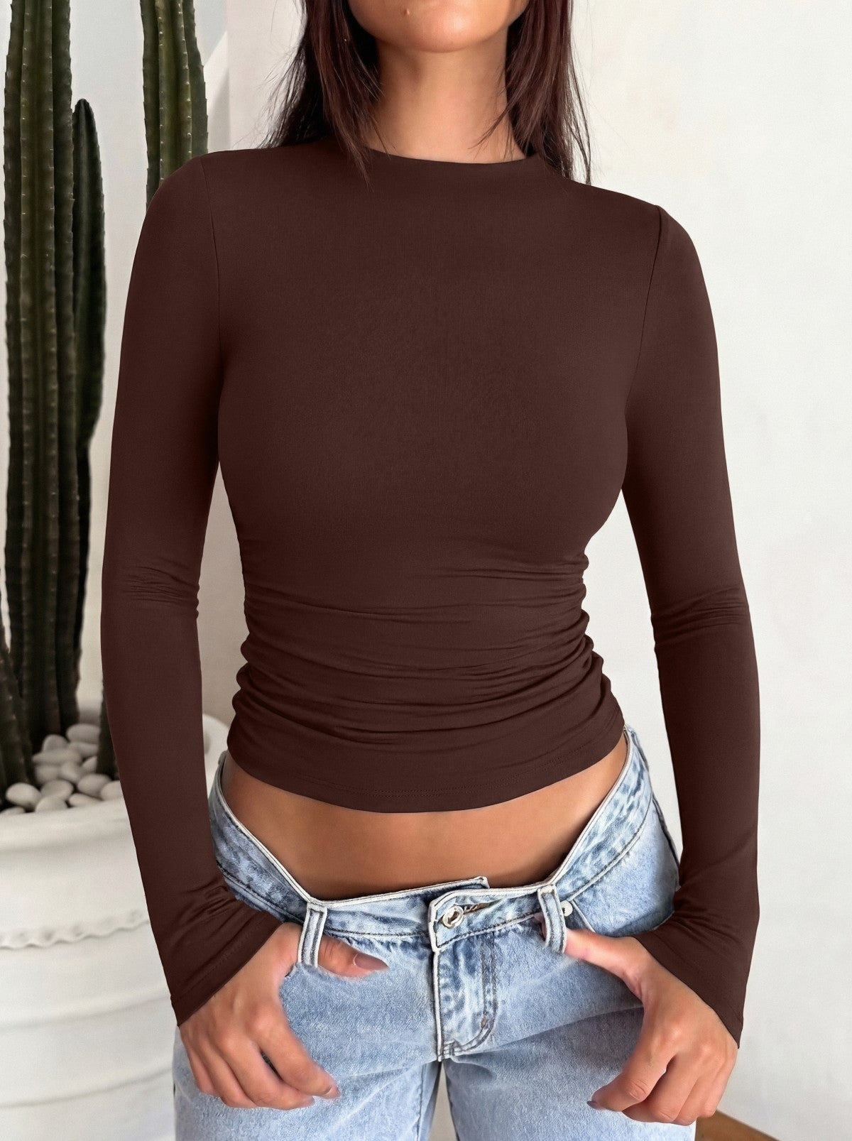 Mock Neck Ruched Waist Ruched Tops for Business Casual