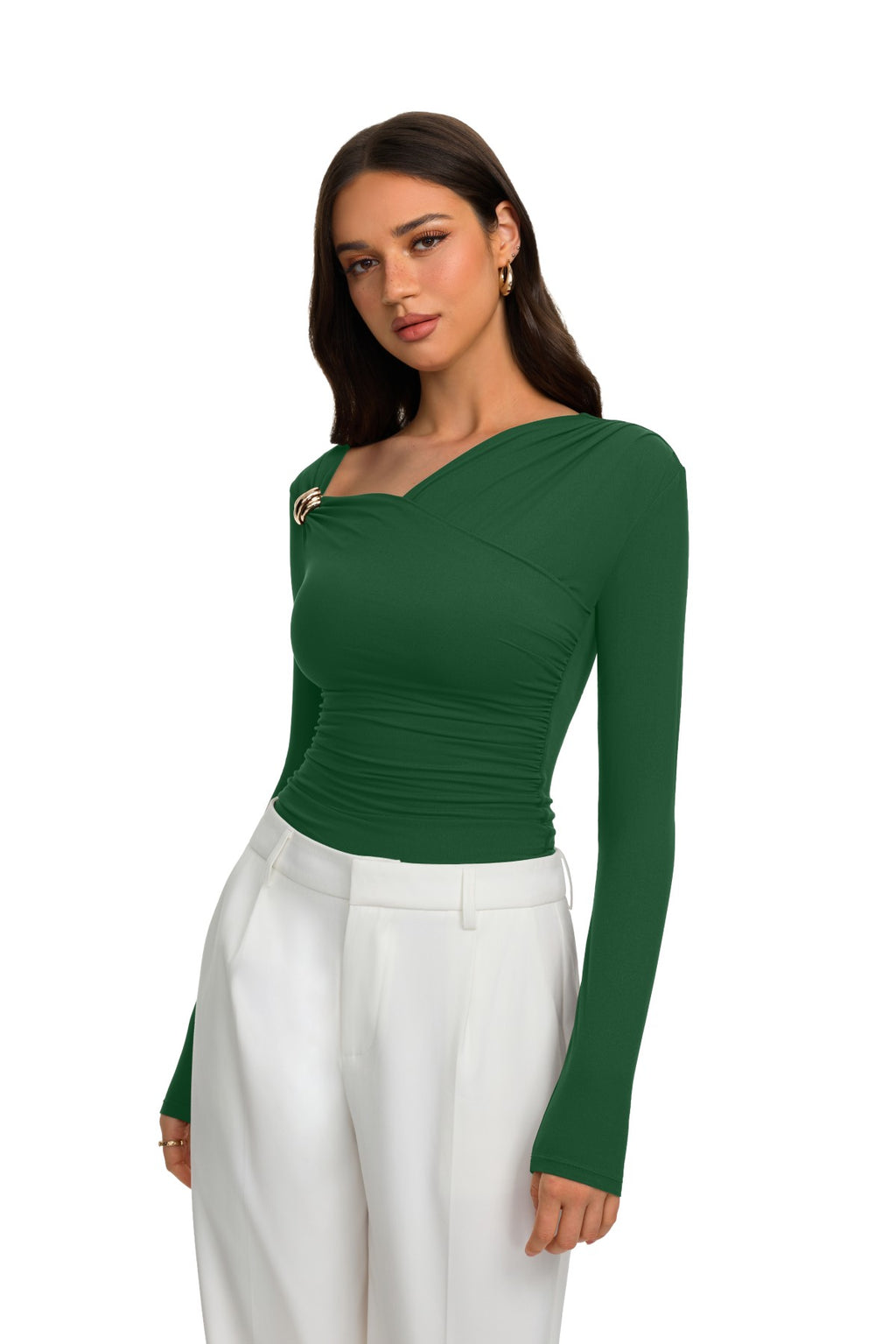 Asymmetrical Ruched Wrap Top with Gold Buckle
