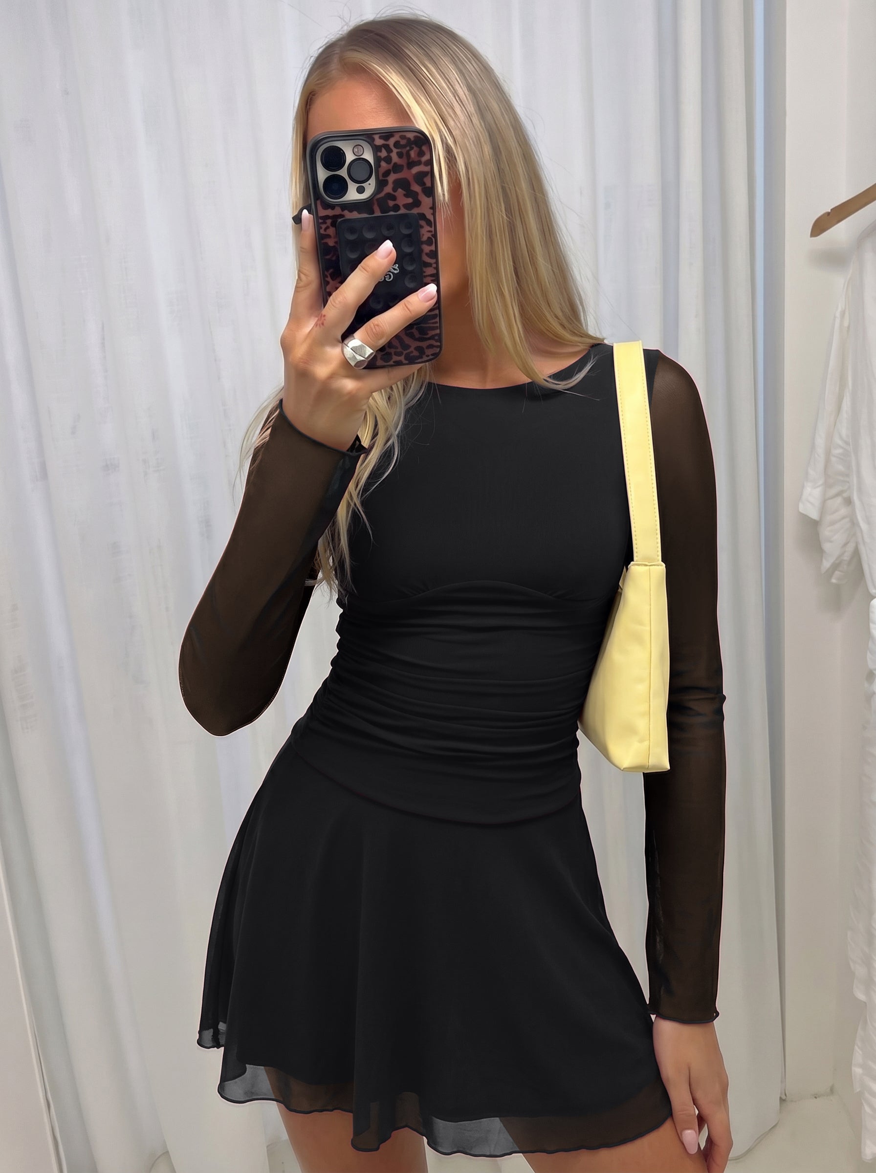 Women's Sheer Mesh Long Sleeve Mini Dress with Ruched Drop Waist