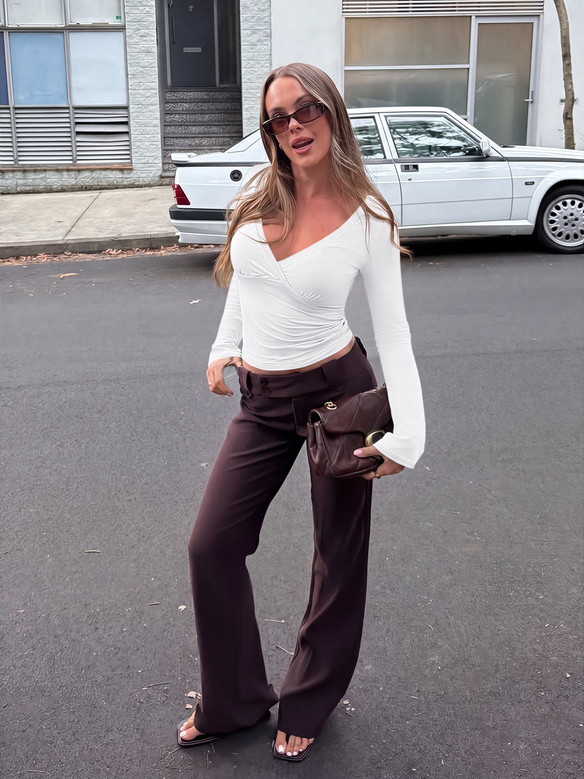Wrap Deep V Neck Long Bell Sleeve Tops