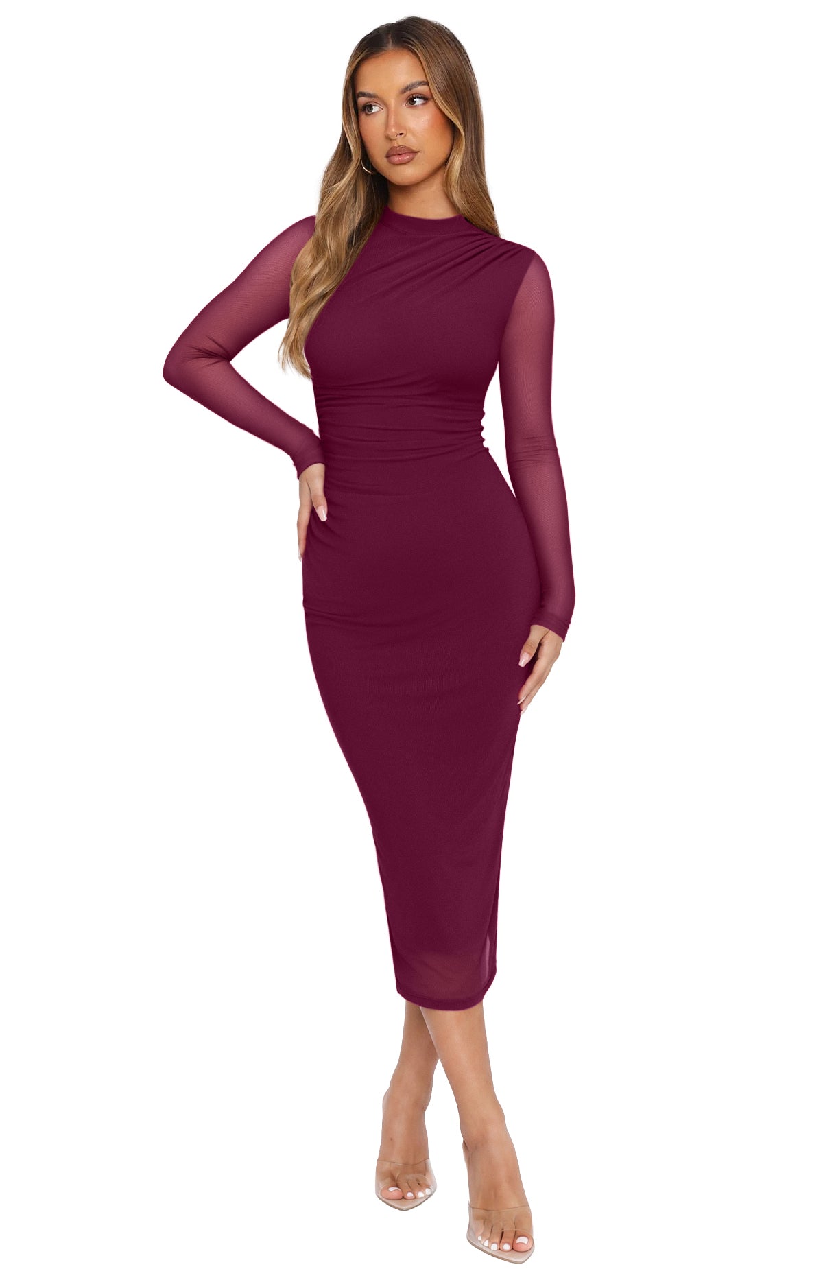 Mesh Sheer Sleeve Bodycon Midi Wedding Guest Dresses