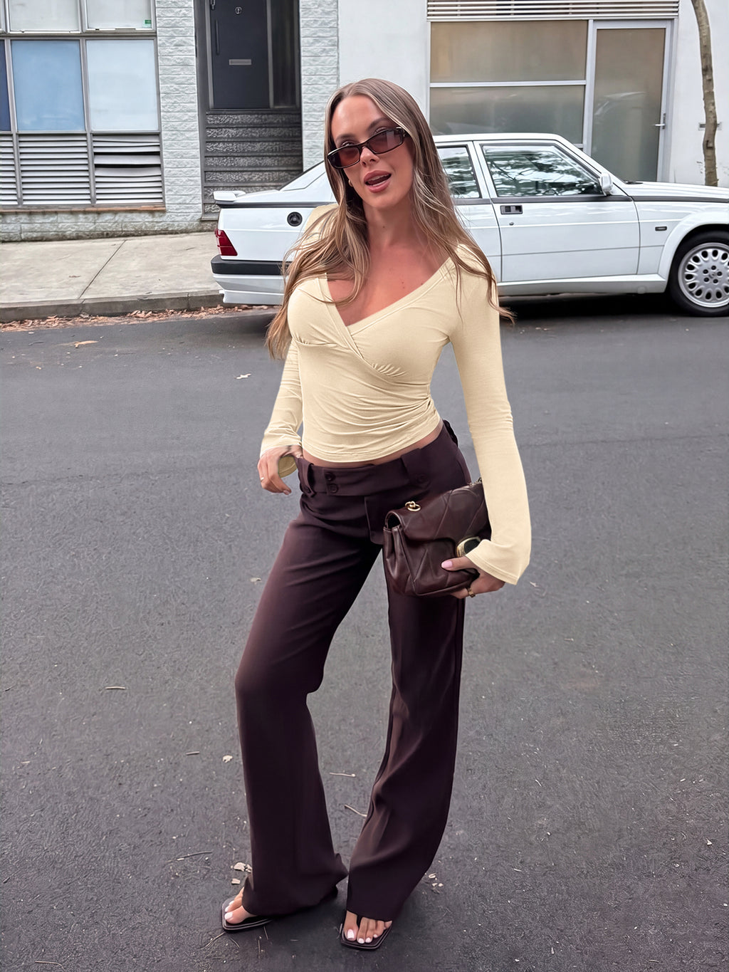 Wrap Deep V Neck Long Bell Sleeve Tops