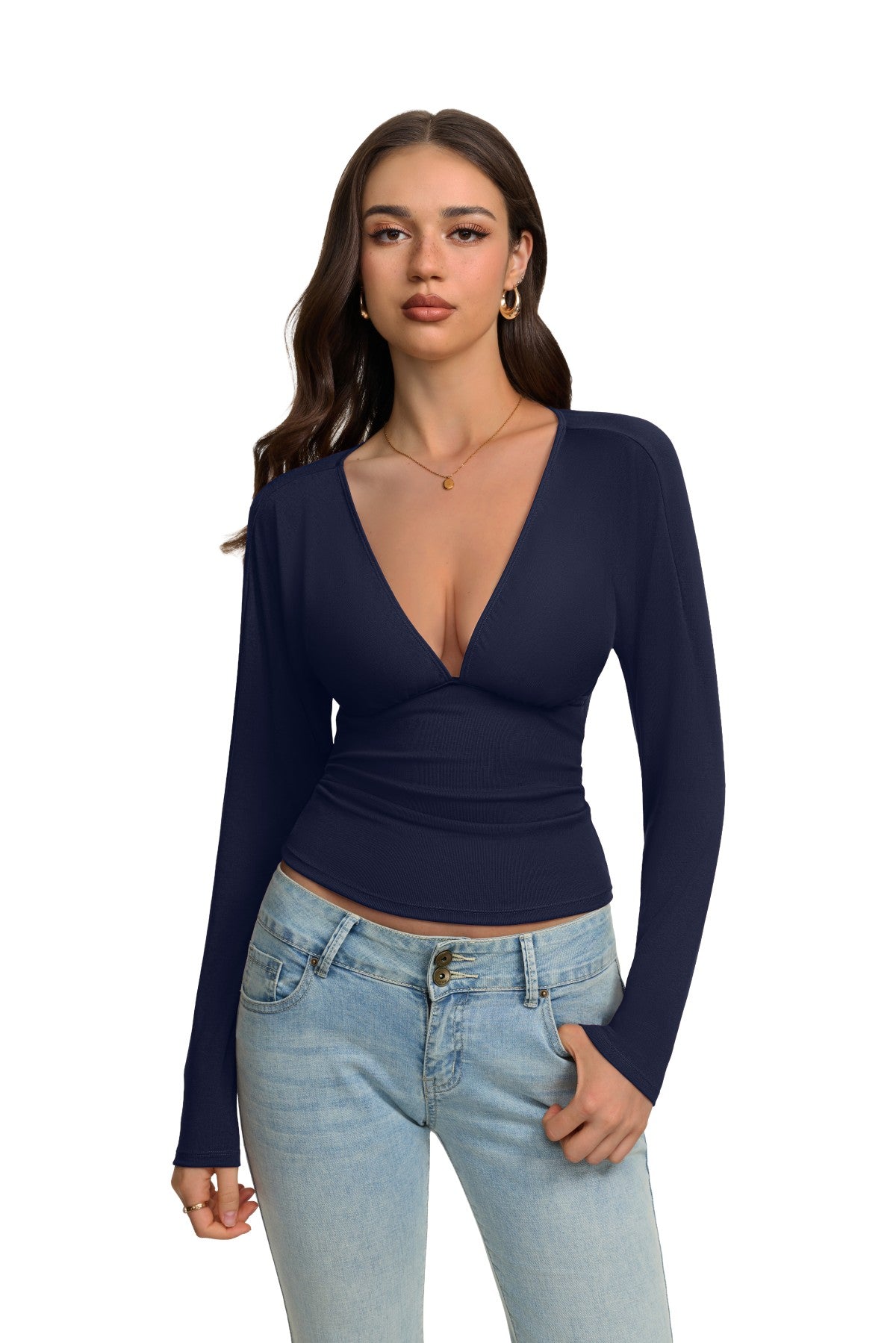V Neck Ruched Batwing Sleeve Slim Fit Top