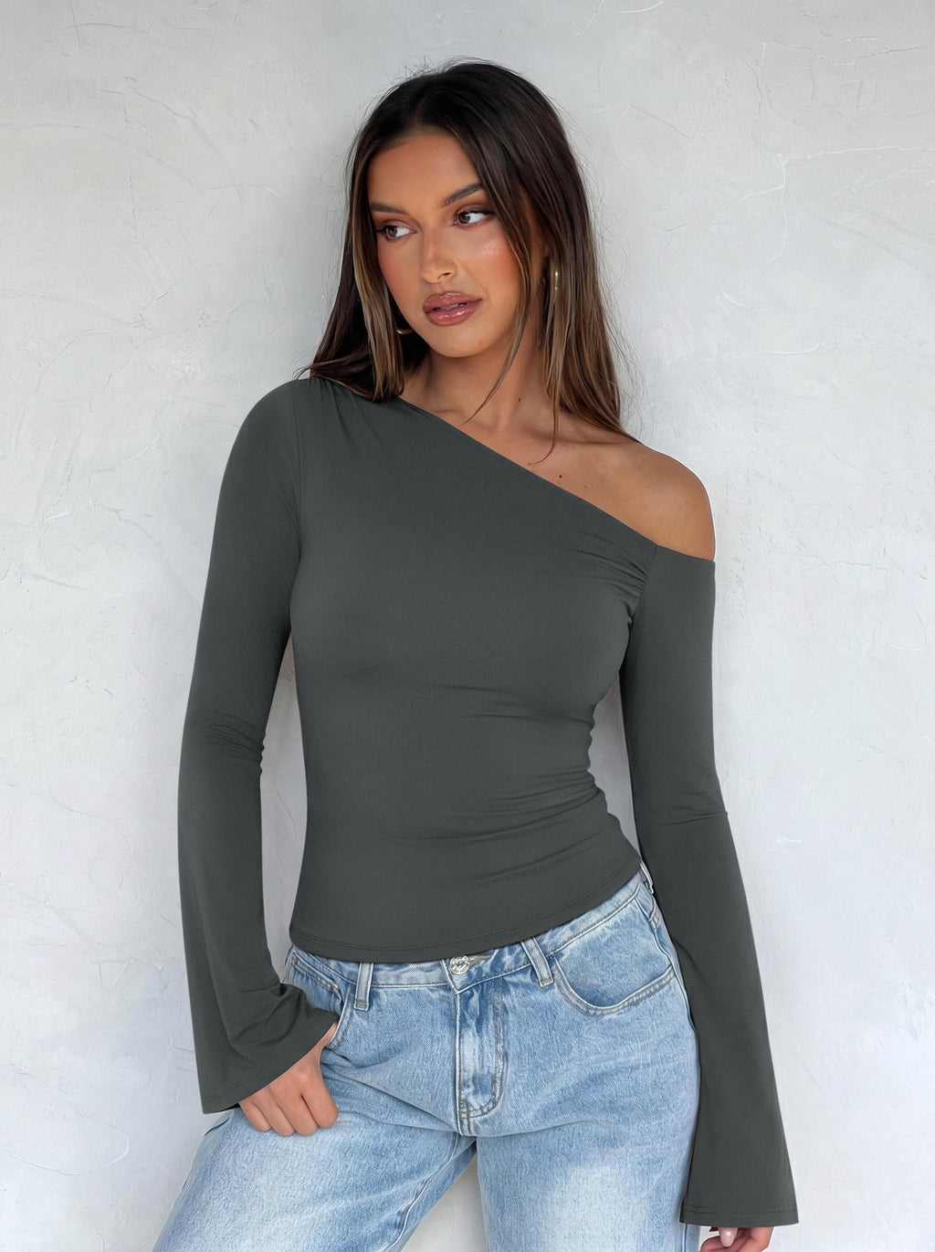 Off Shoulder Bell Sleeve Double Lined Slim Fit Top
