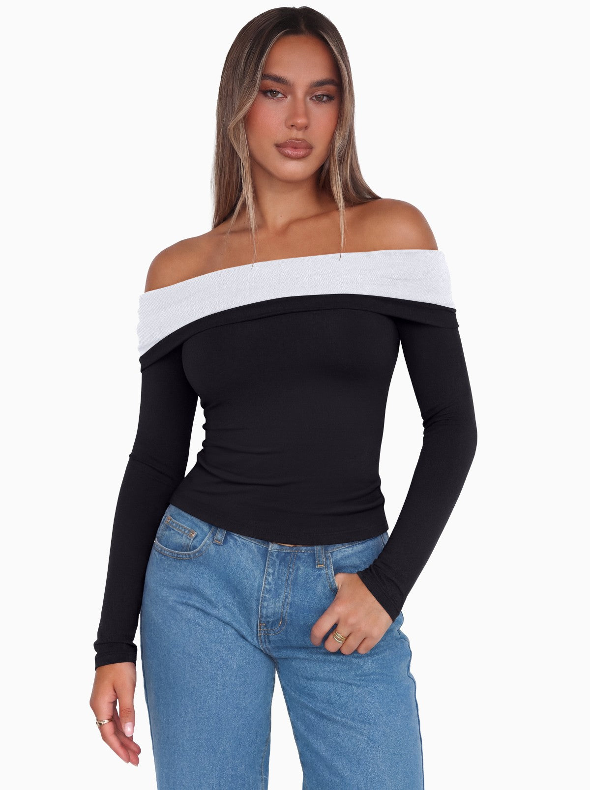 Off Shoulder Long Sleeve Mesh Slim Fit Double Lined Top
