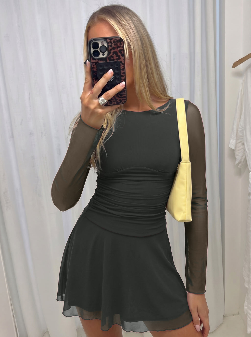 Women's Sheer Mesh Long Sleeve Mini Dress with Ruched Drop Waist