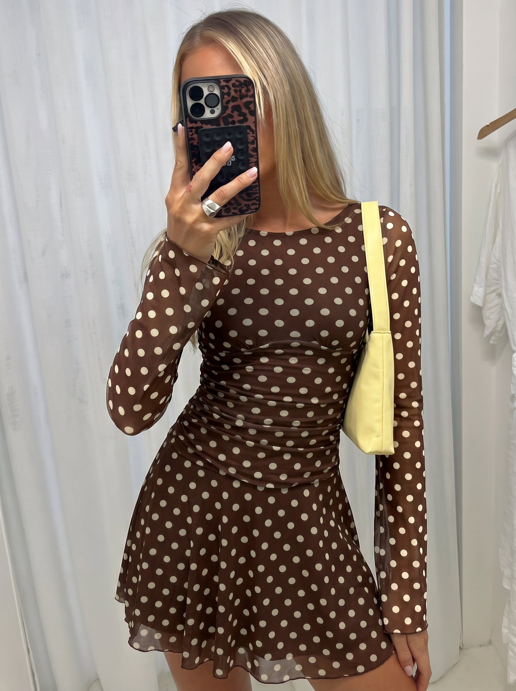 Women's Sheer Mesh Long Sleeve Mini Dress with Ruched Drop Waist