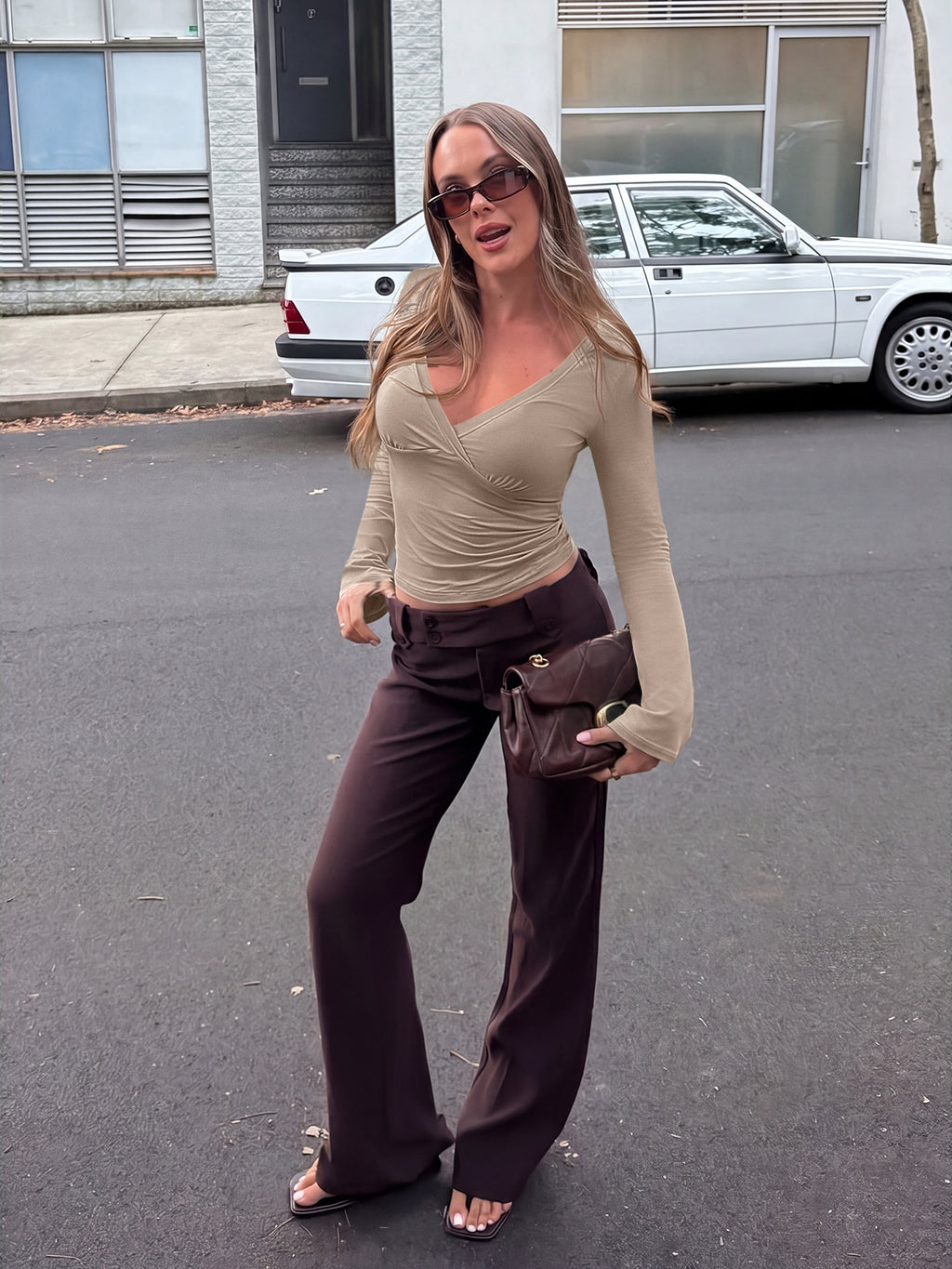 Wrap Deep V Neck Long Bell Sleeve Tops