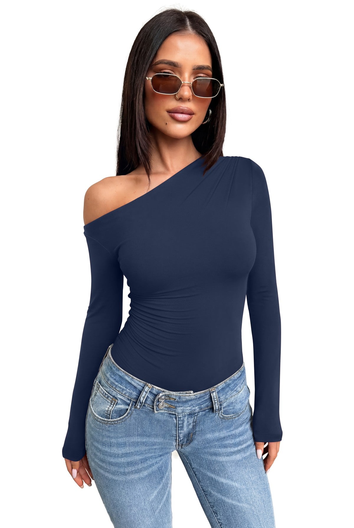 Off the Shoulder Long Sleeve Side Ruched Bodysuit