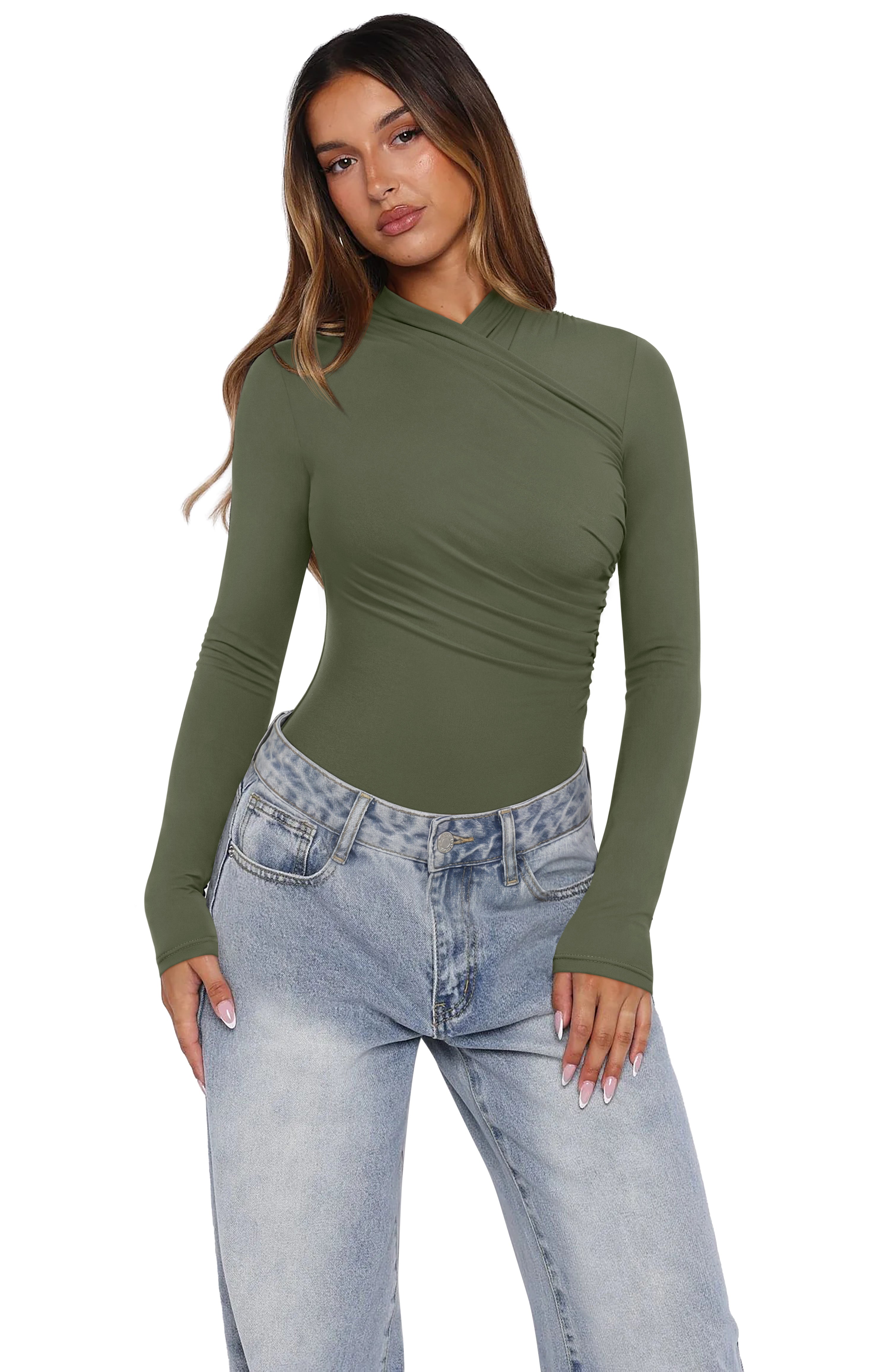 Mock Neck Ruched Sexy Wrap Bodysuit
