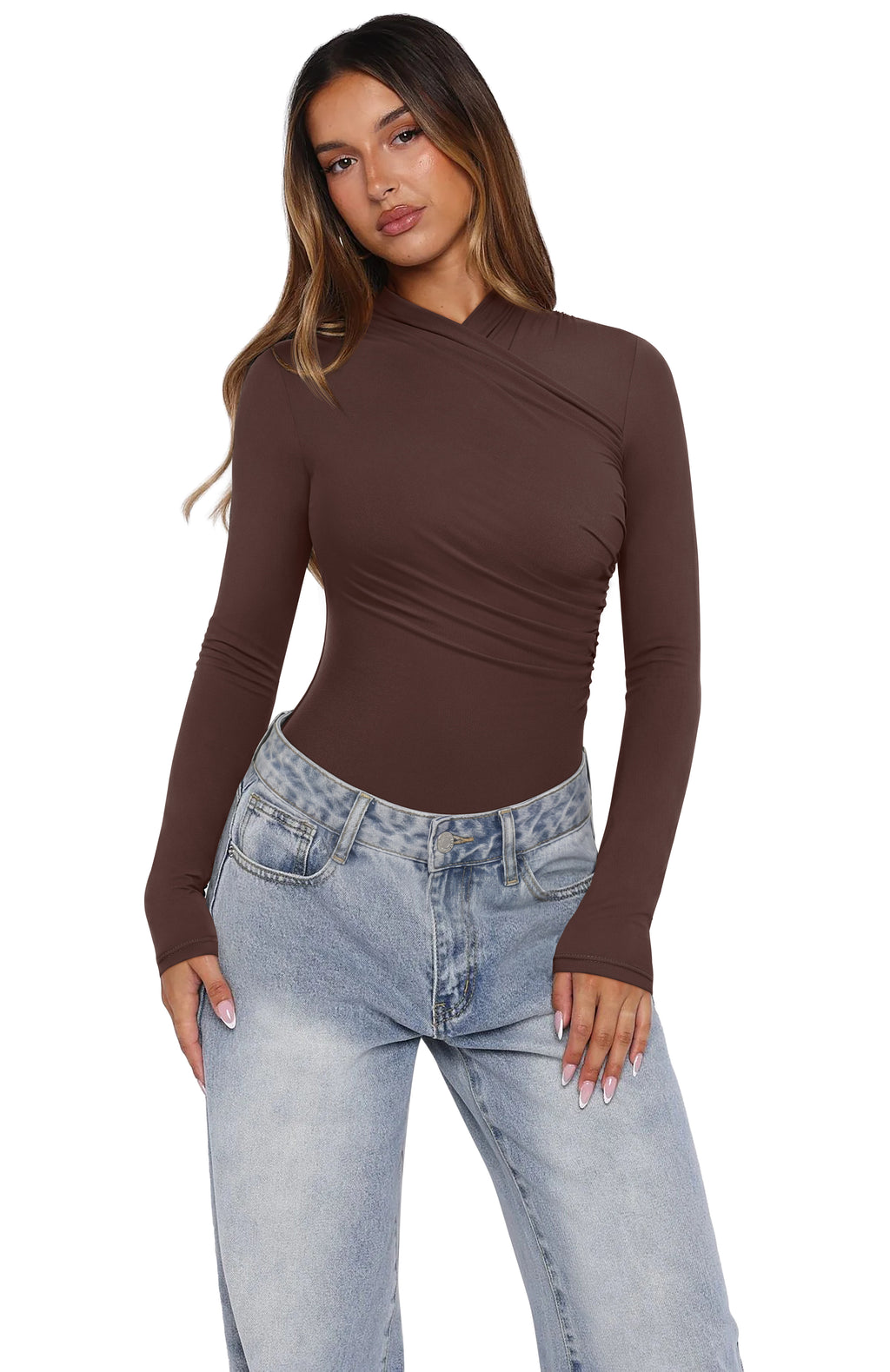 Mock Neck Ruched Sexy Wrap Bodysuit