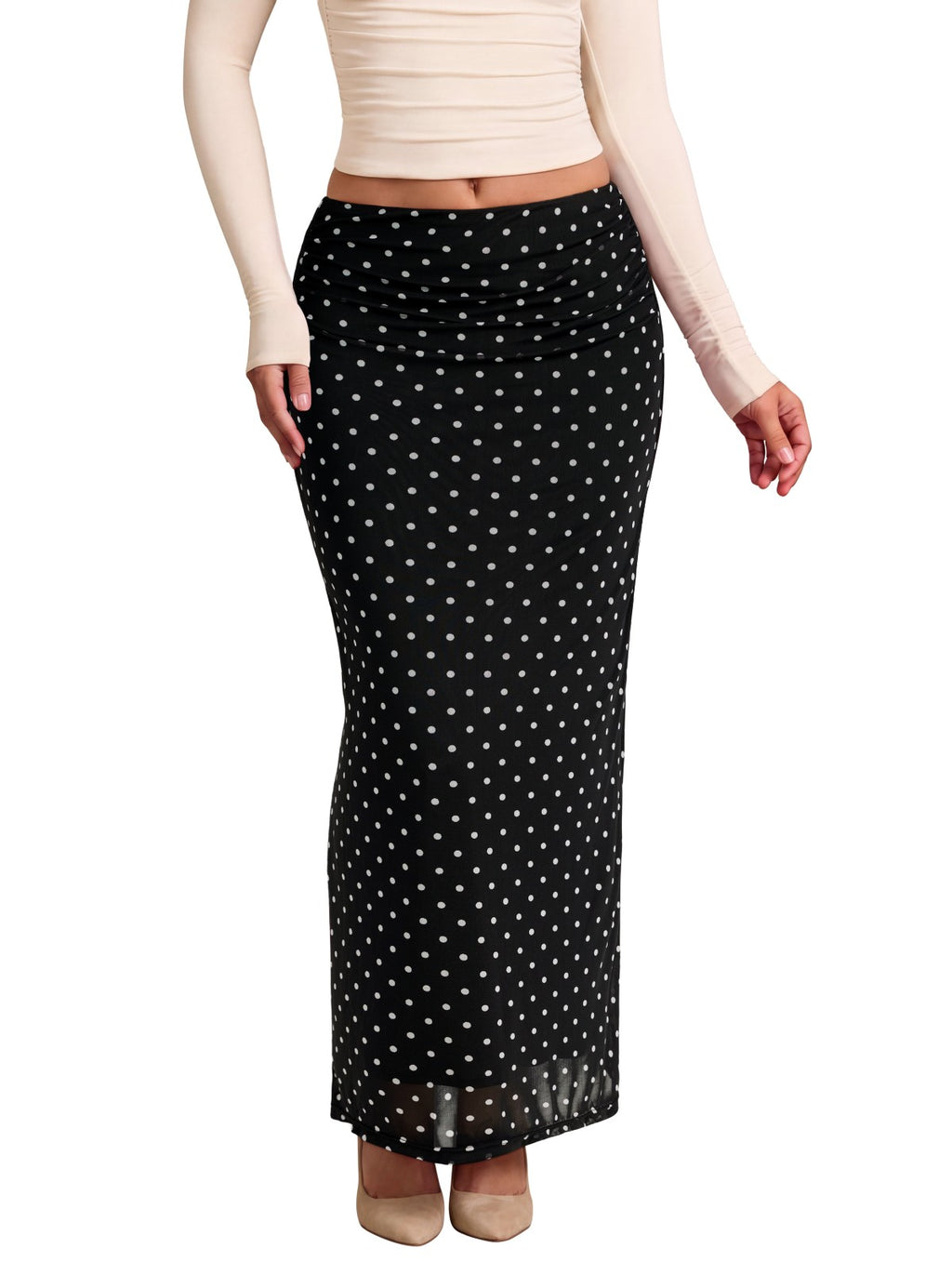 Ruched Mesh A-Line Maxi Skirt with Elastic Waist