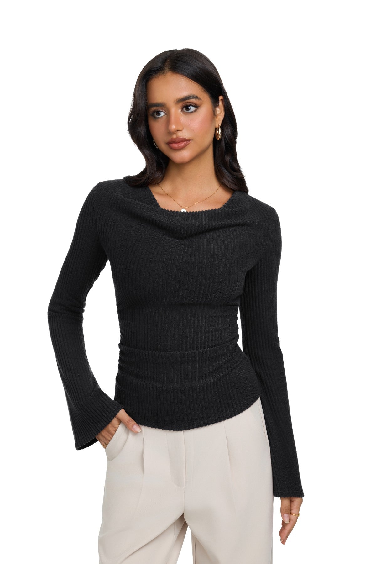 Cowl Neck Ribbed Knit Bell Sleeve Top