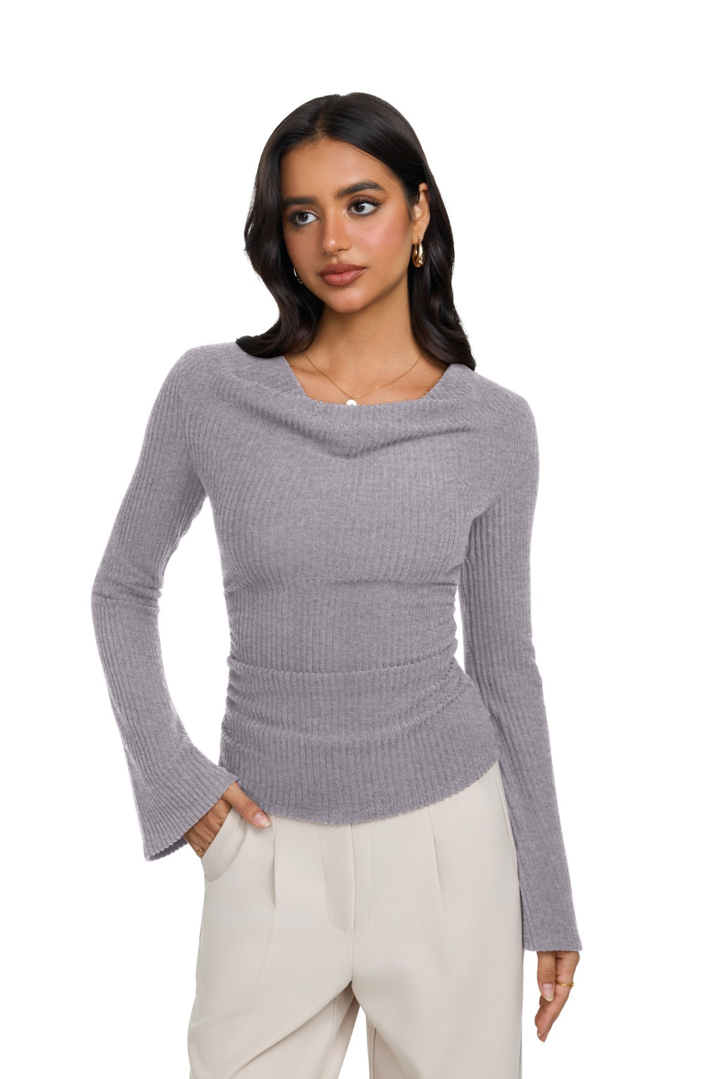 Cowl Neck Ribbed Knit Bell Sleeve Top