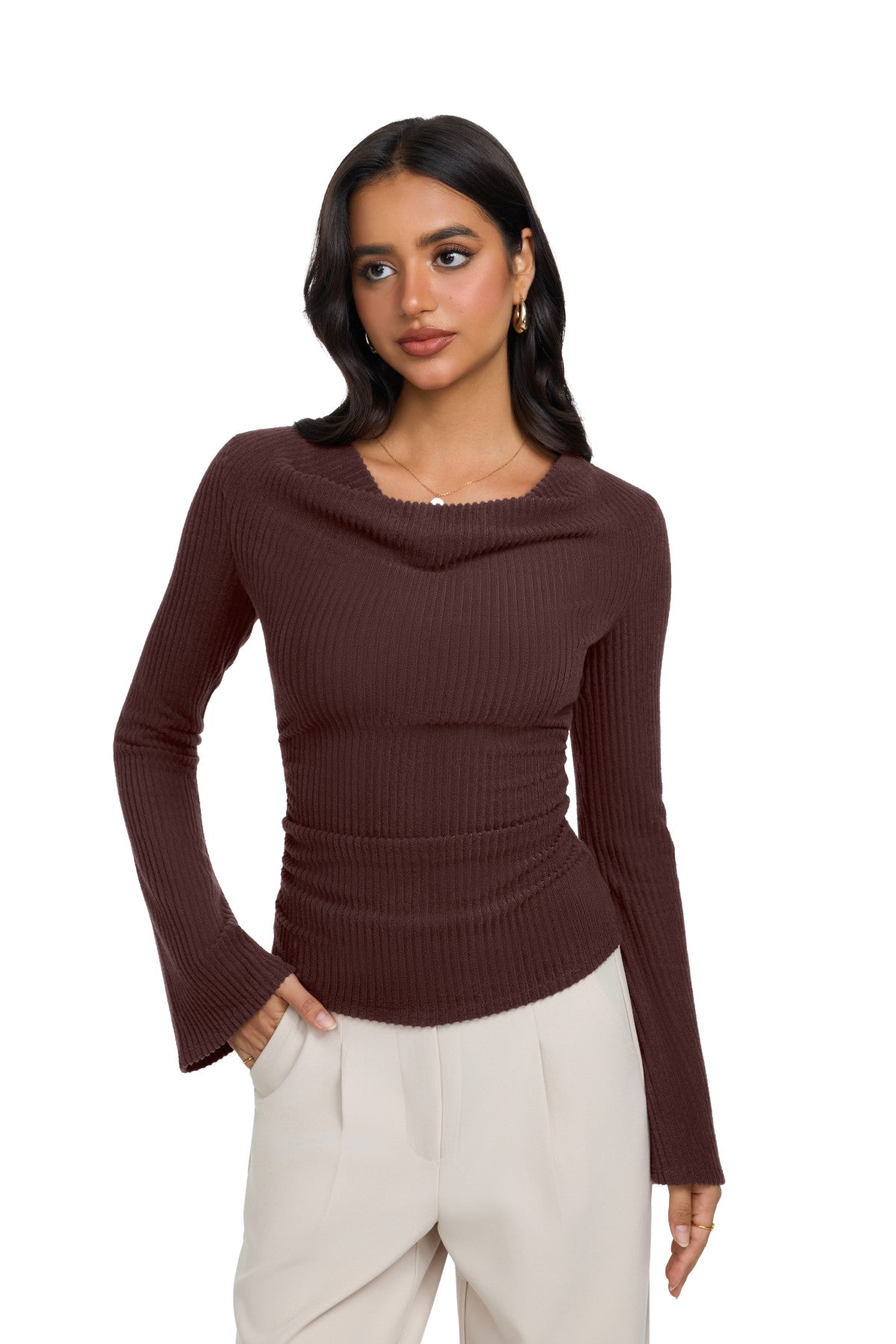 Cowl Neck Ribbed Knit Bell Sleeve Top