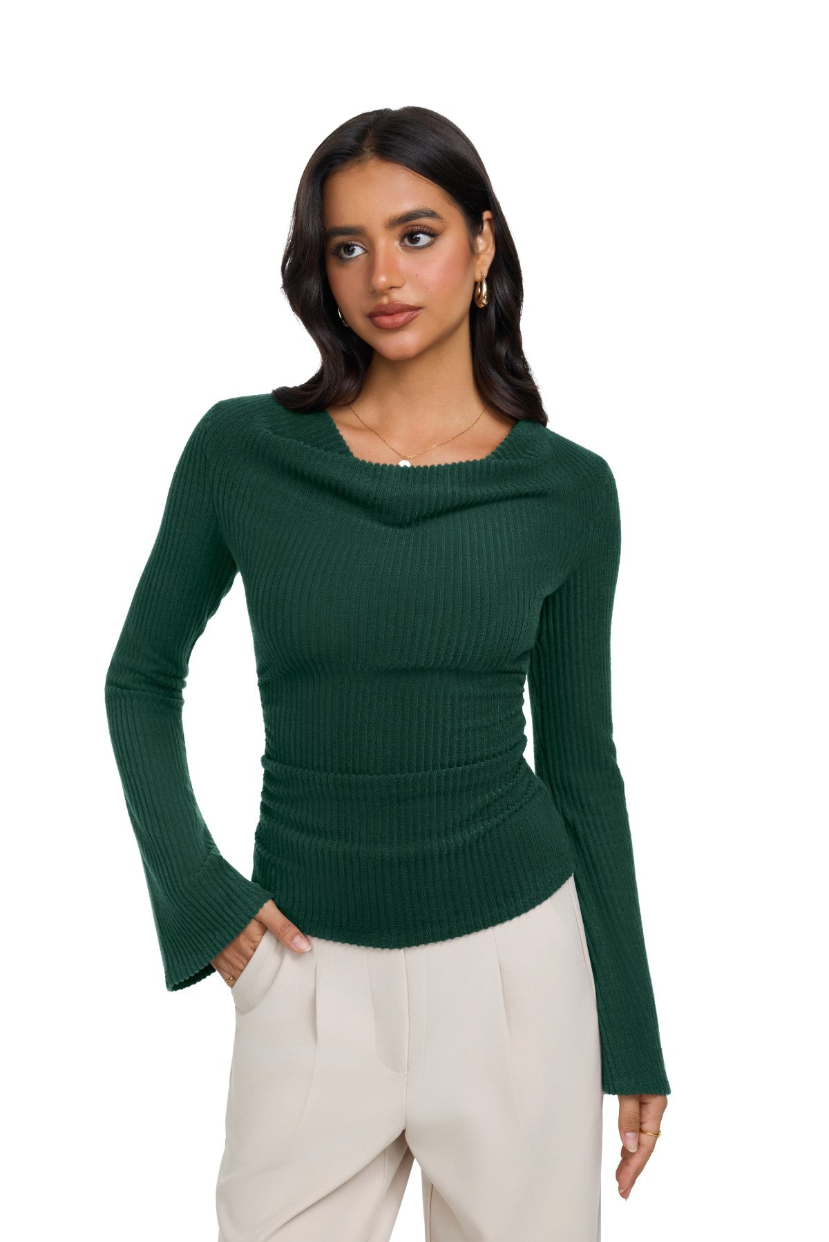Cowl Neck Ribbed Knit Bell Sleeve Top