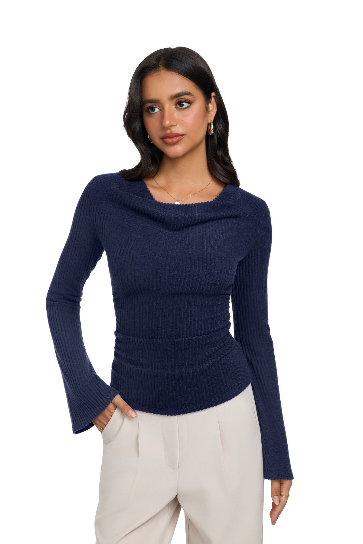 Cowl Neck Ribbed Knit Bell Sleeve Top