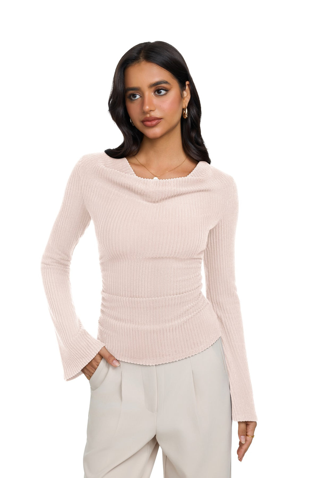 Cowl Neck Ribbed Knit Bell Sleeve Top