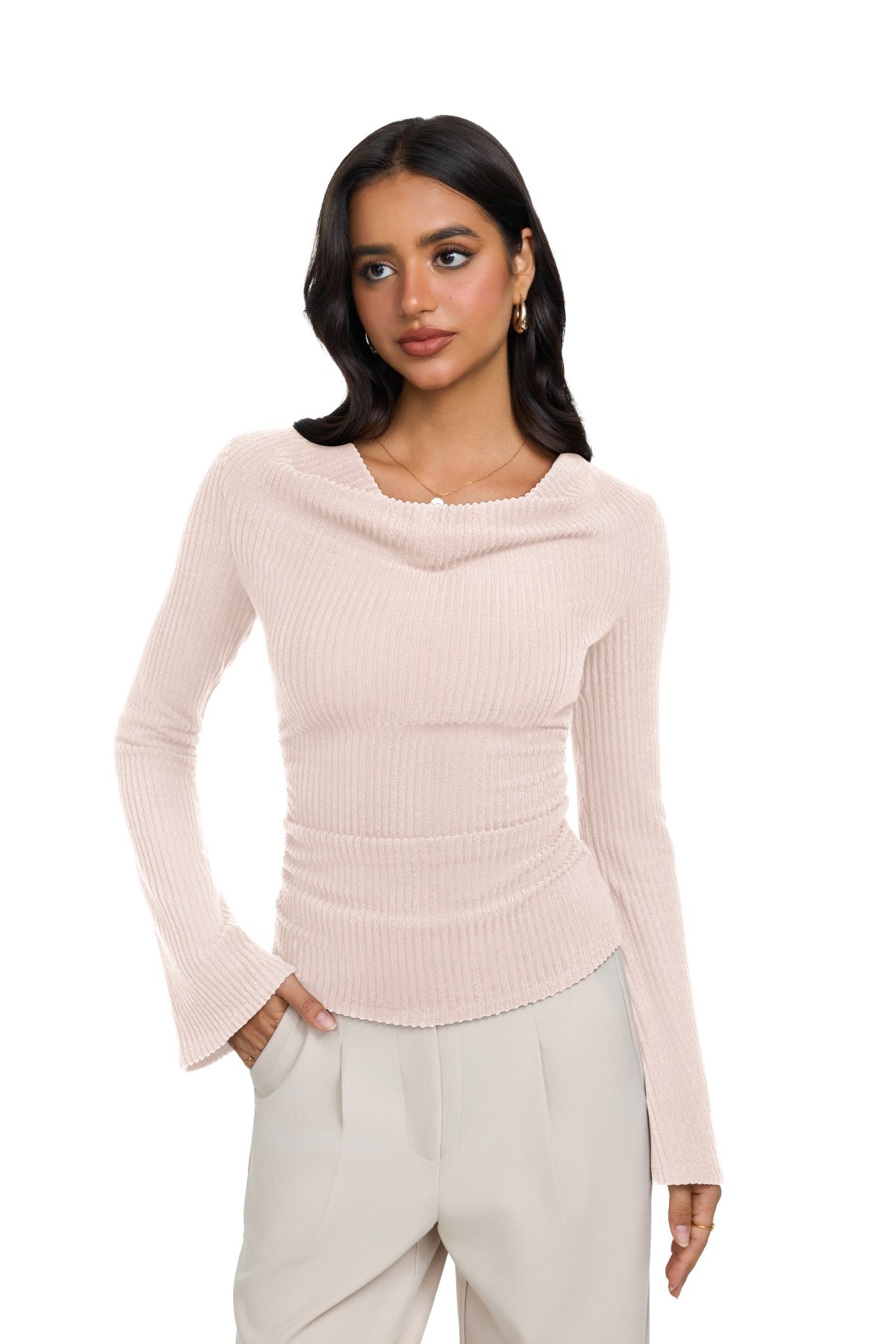 Cowl Neck Ribbed Knit Bell Sleeve Top