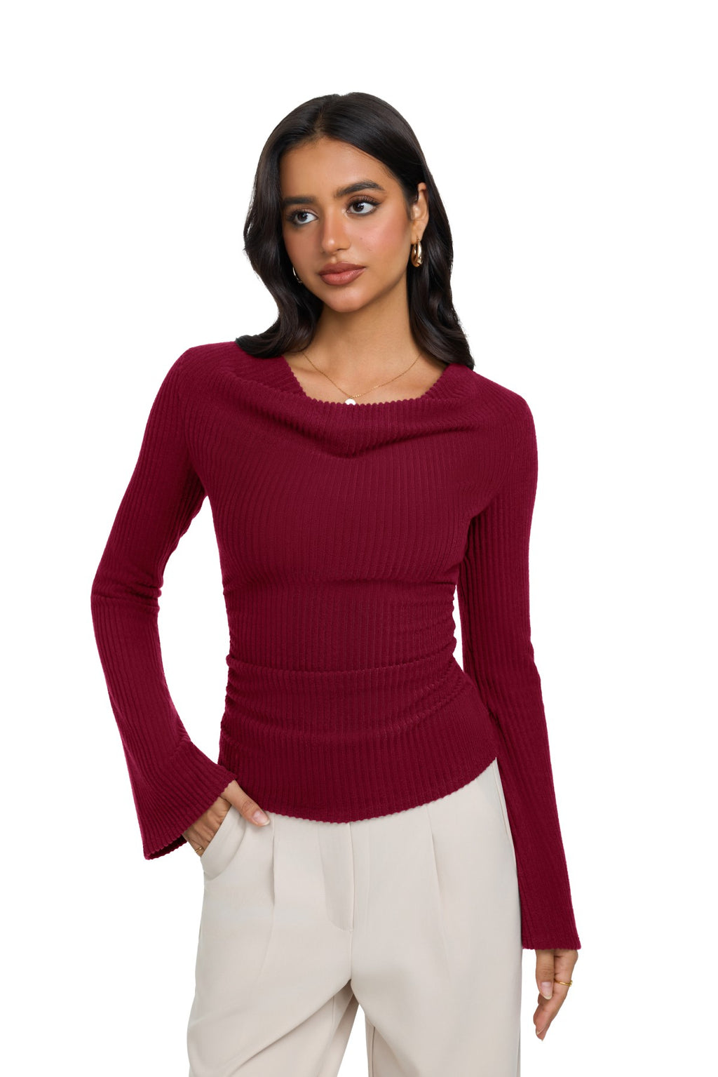 Cowl Neck Ribbed Knit Bell Sleeve Top