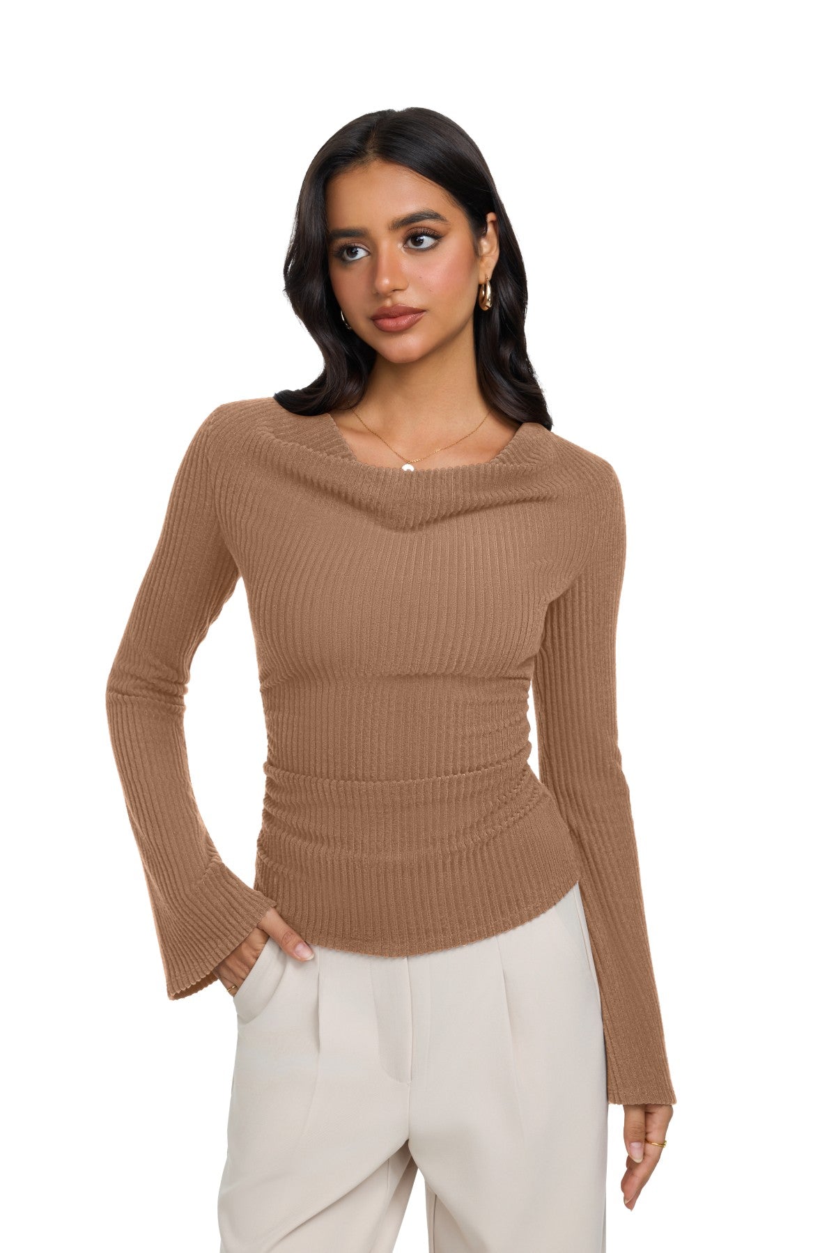 Cowl Neck Ribbed Knit Bell Sleeve Top