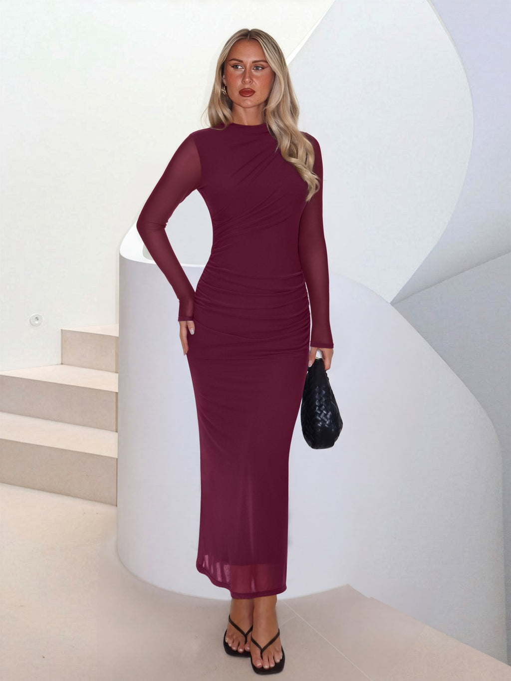 Mock Neck Sheer Mesh Slim Fit Ruched Maxi Dresses
