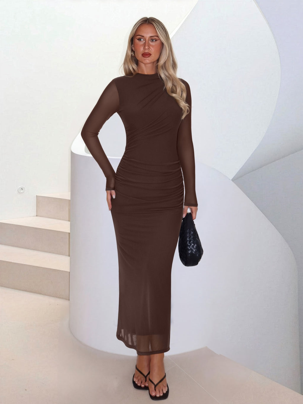 Mock Neck Sheer Mesh Slim Fit Ruched Maxi Dresses