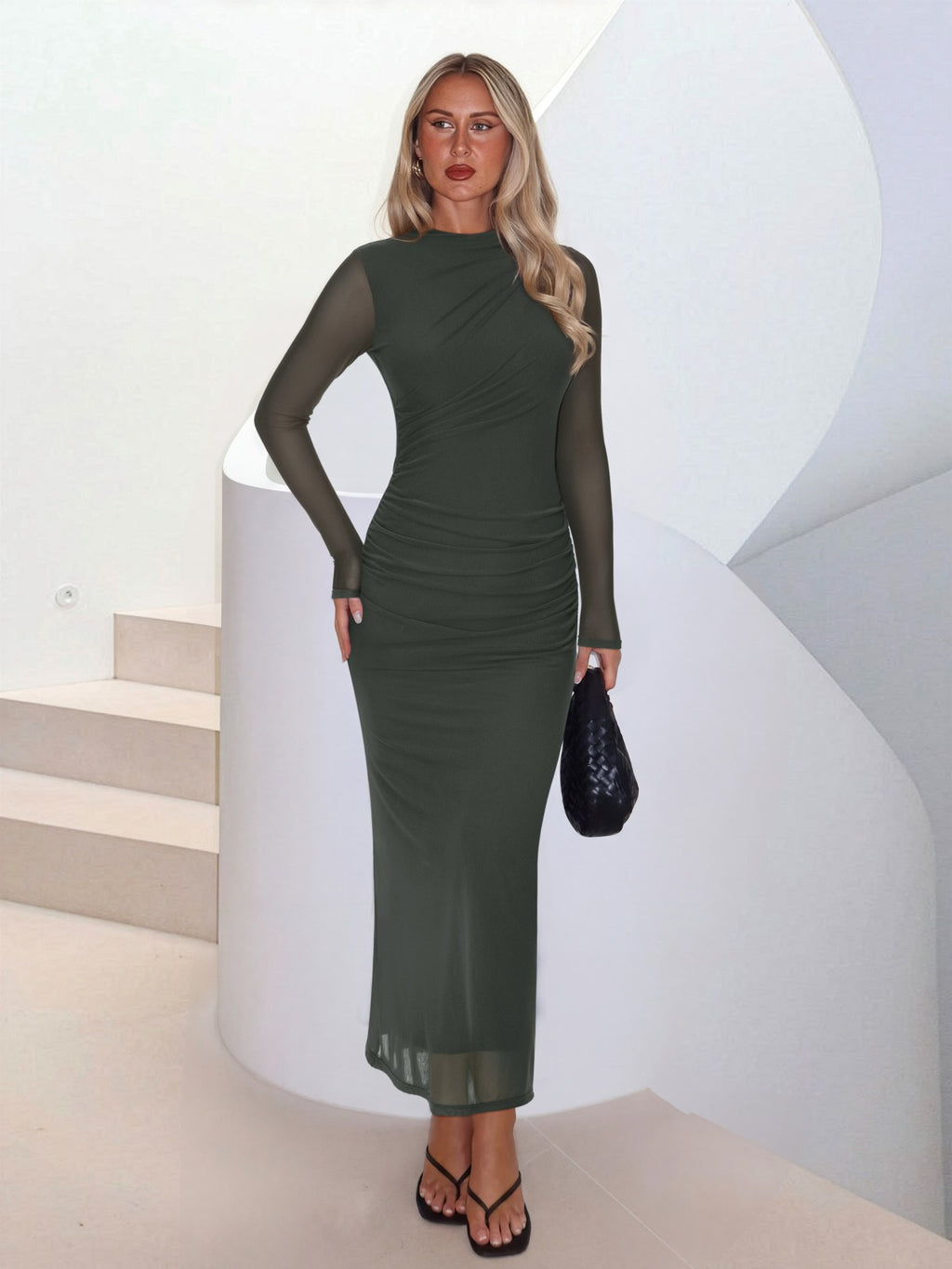 Mock Neck Sheer Mesh Slim Fit Ruched Maxi Dresses