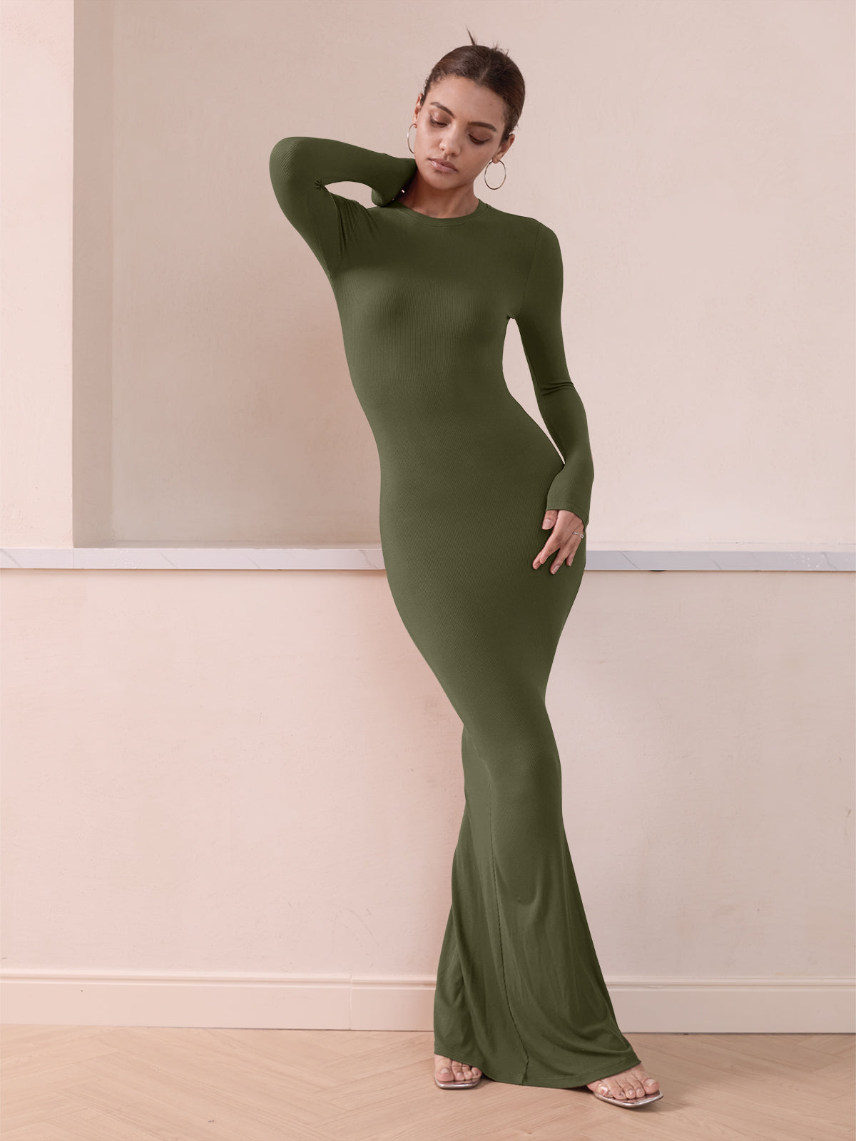 Crew-neck Long Dress Maxi Dresses Light Grey / L