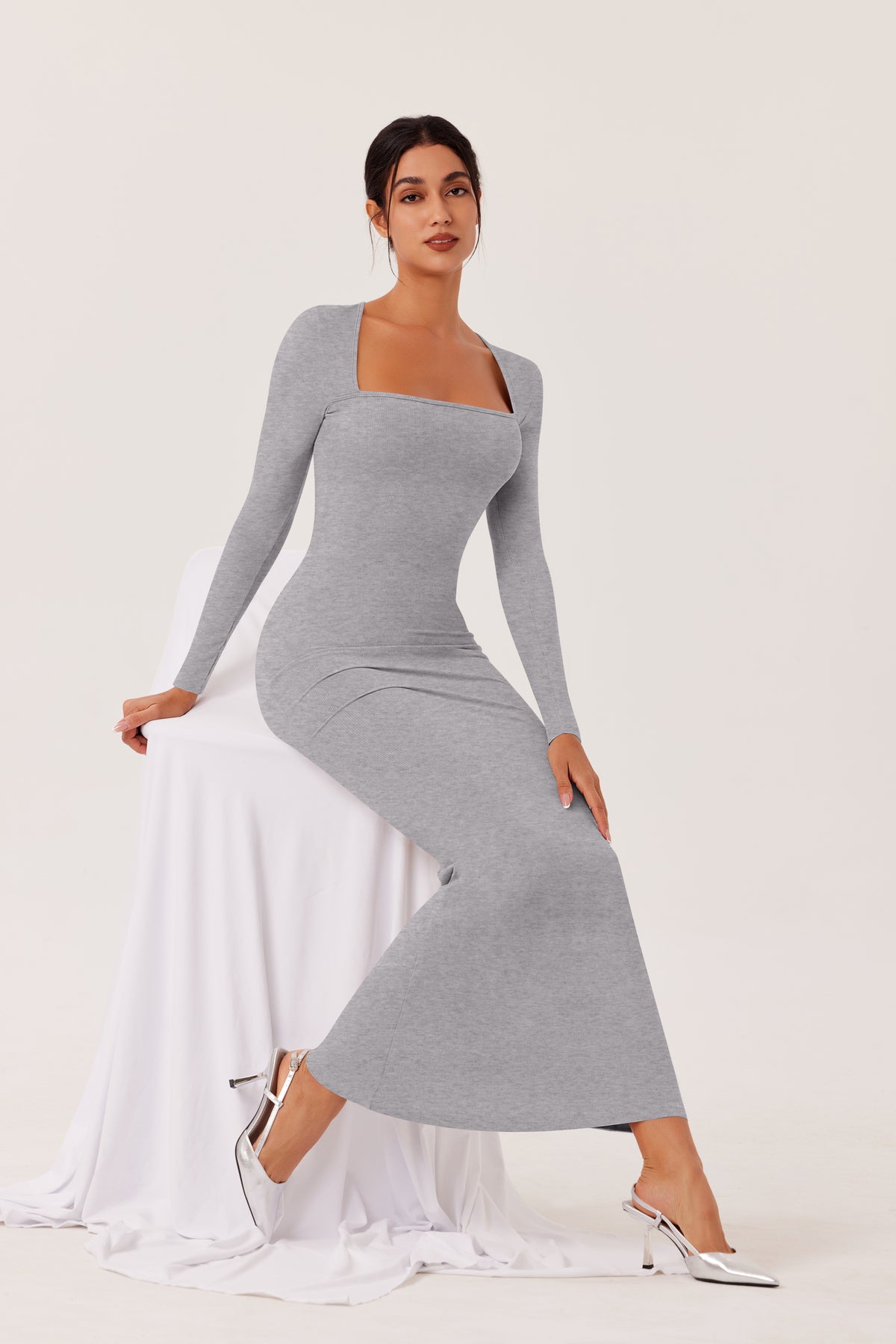 Square-neck Bodycon Maxi Dress Lounge Dresses Light Grey / M