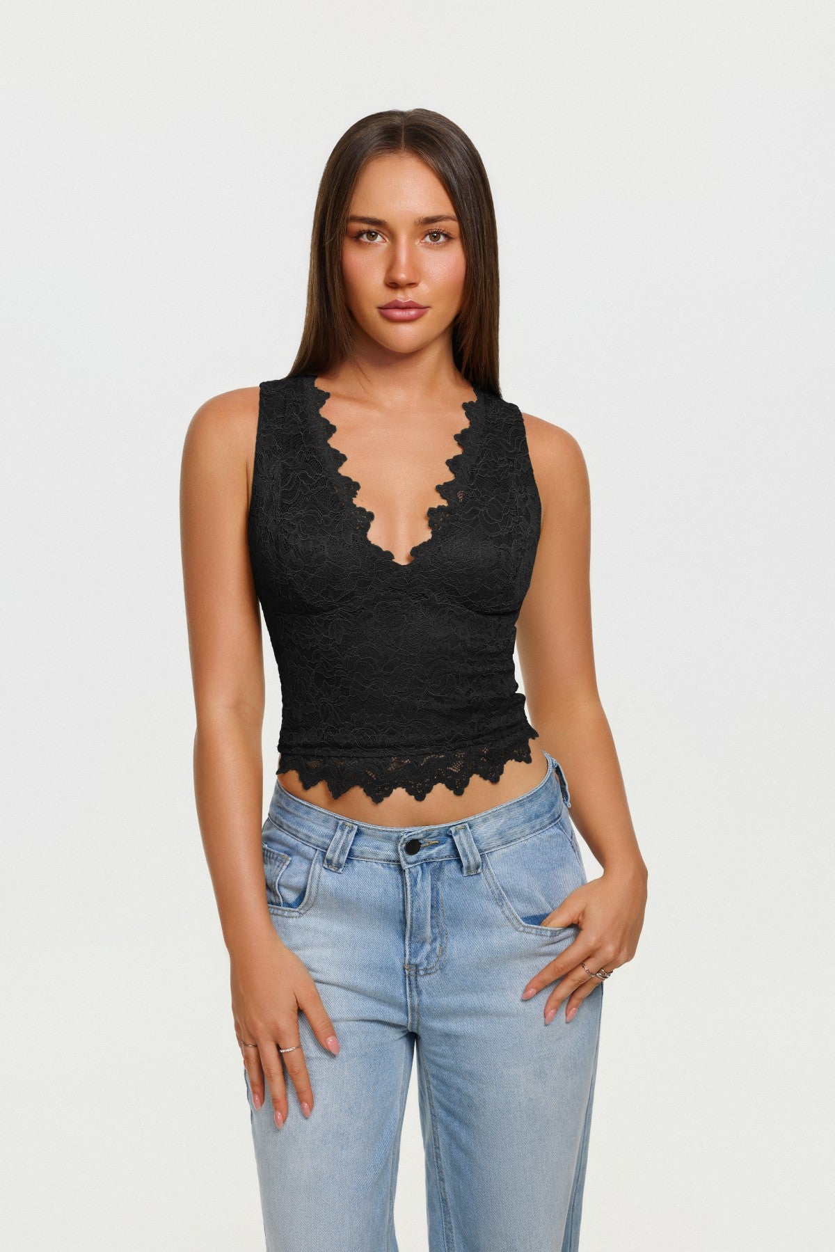 Midnight Elegance Lace V-Neck Crop Top