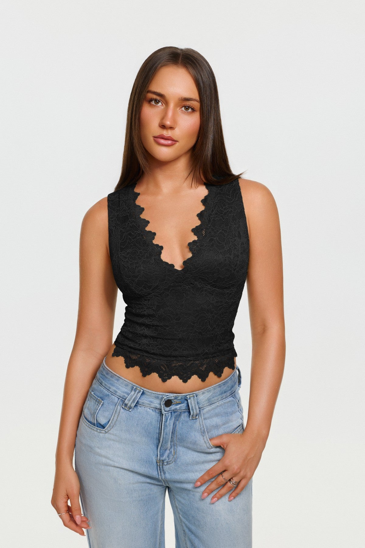 Midnight Elegance Lace V-Neck Crop Top