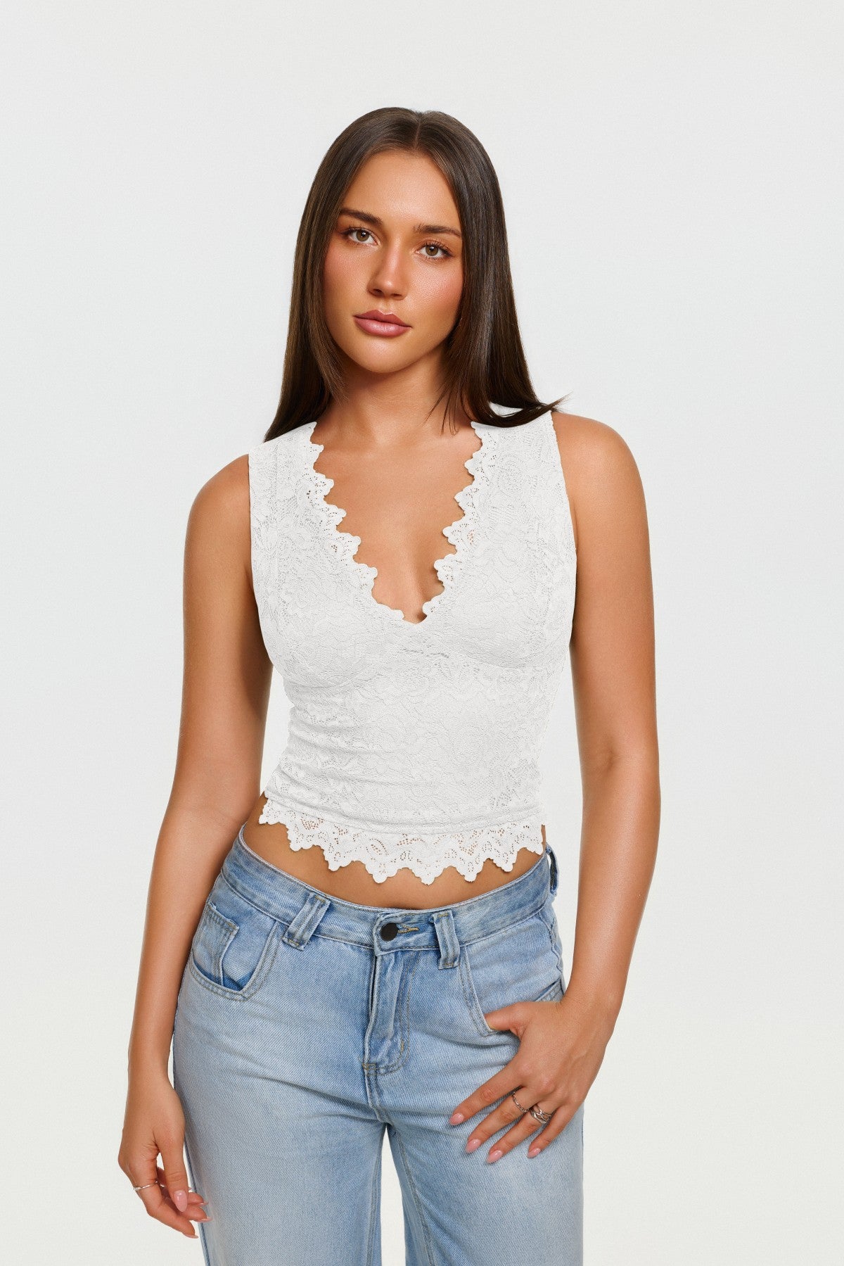 Midnight Elegance Lace V-Neck Crop Top