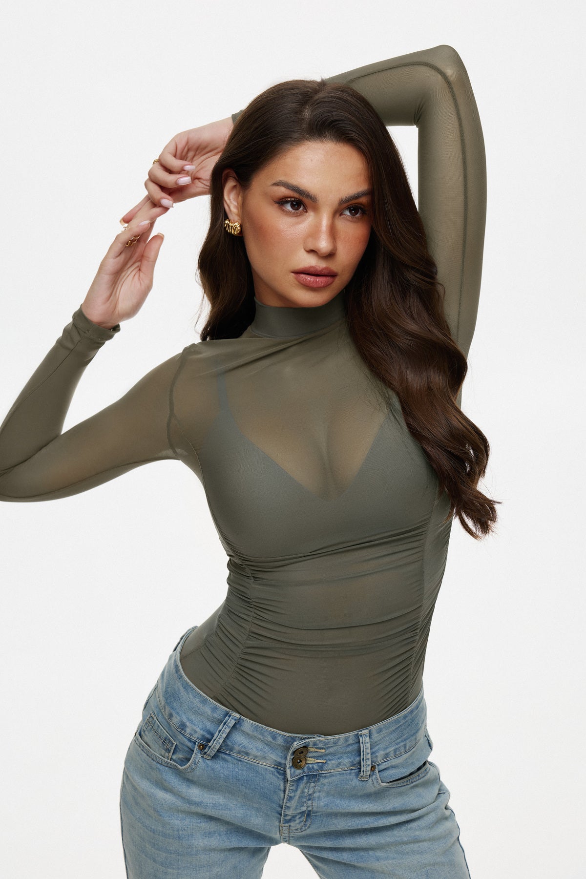 Turtleneck Sheer Mesh Long Sleeve Bodysuit - Garden Green / S yo 