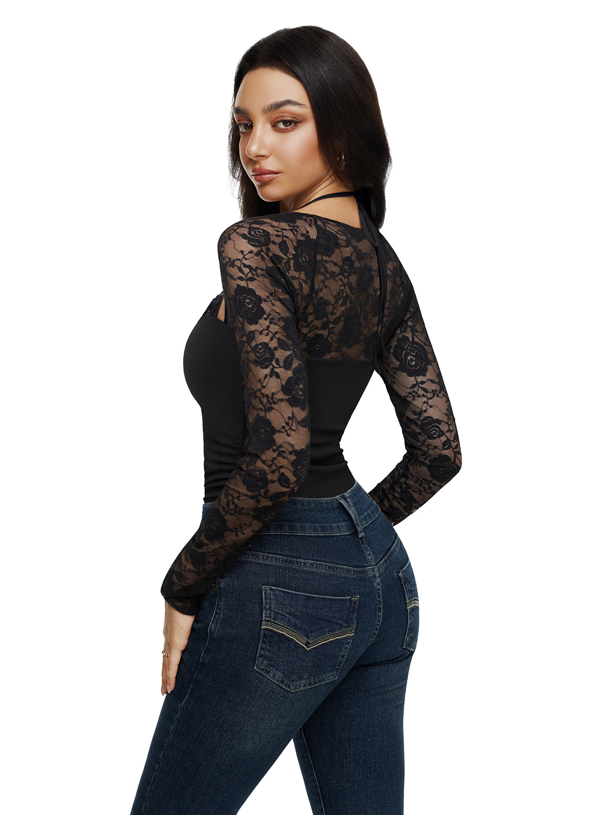 Halter Tie Lace Sheer Long Sleeve Y2K Bodysuits