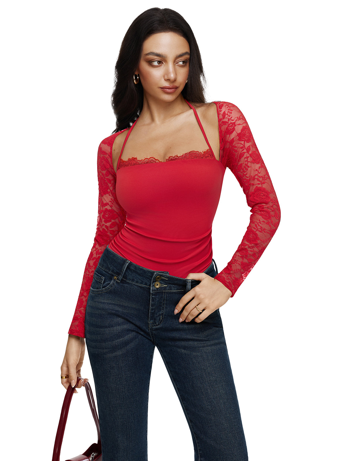 Halter Tie Lace Sheer Long Sleeve Y2K Bodysuits