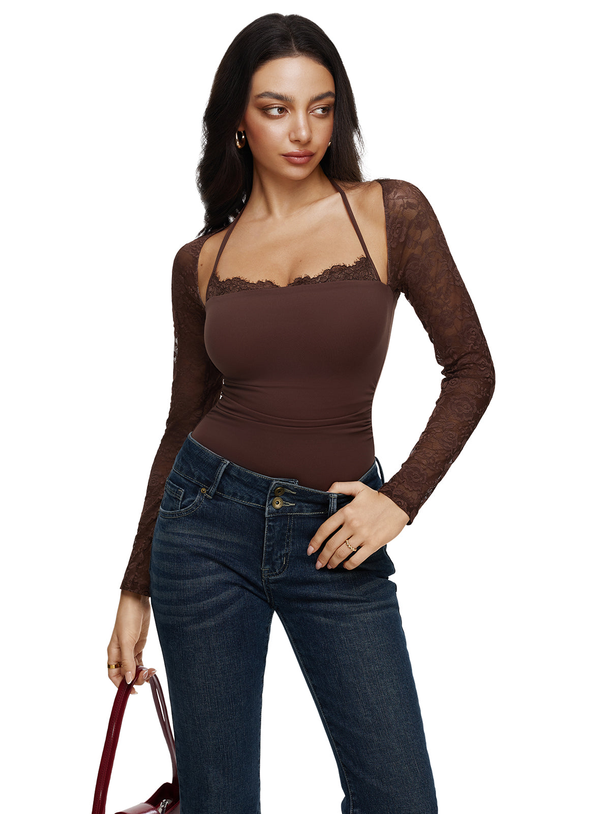 Halter Tie Lace Sheer Long Sleeve Y2K Bodysuits