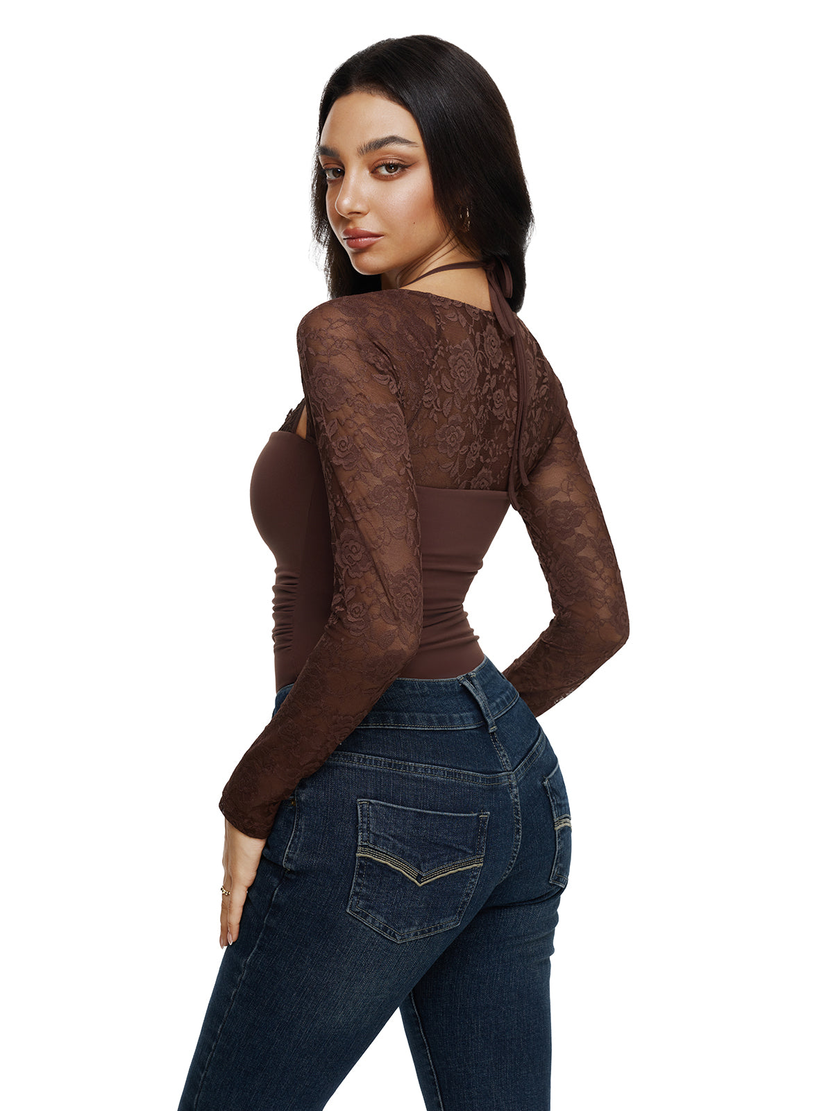 Halter Tie Lace Sheer Long Sleeve Y2K Bodysuits