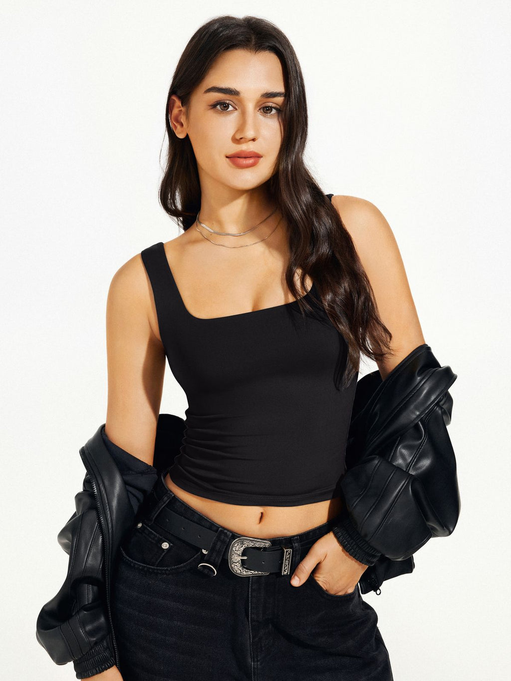 Square Neck Tank Top Double Lined Basic Crop Tops