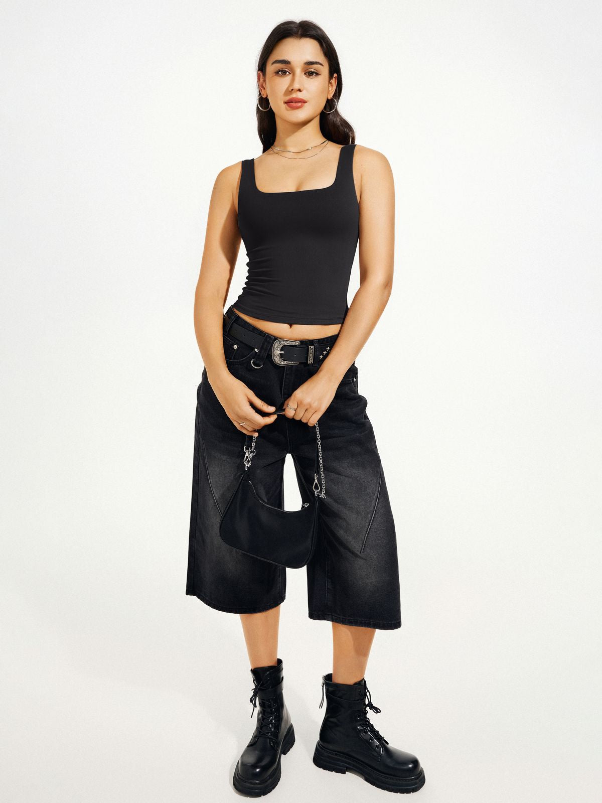 Square Neck Tank Top Double Lined Basic Crop Tops