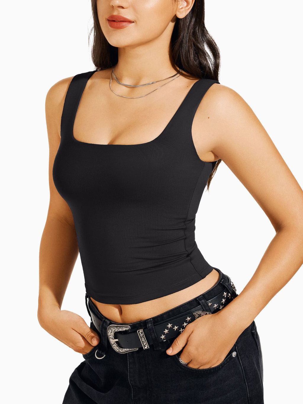 Square Neck Tank Top Double Lined Basic Crop Tops
