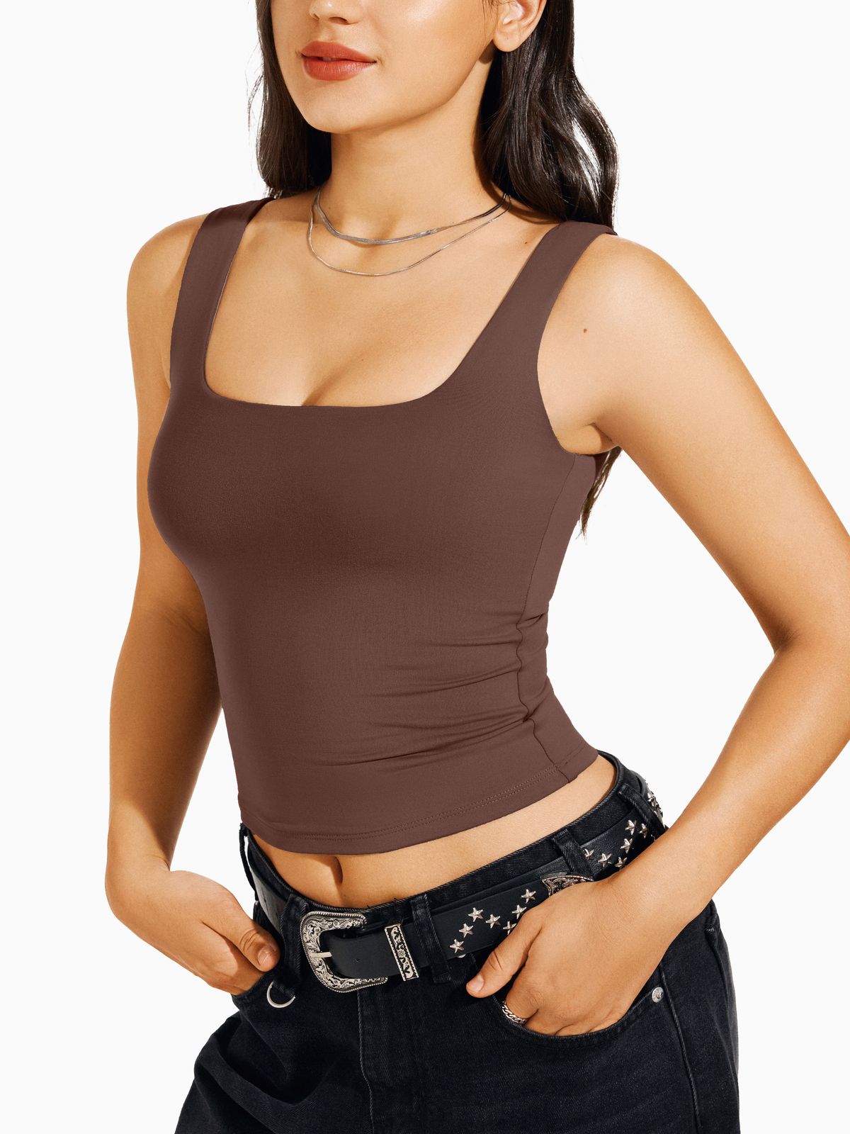 Square Neck Tank Top Double Lined Basic Crop Tops