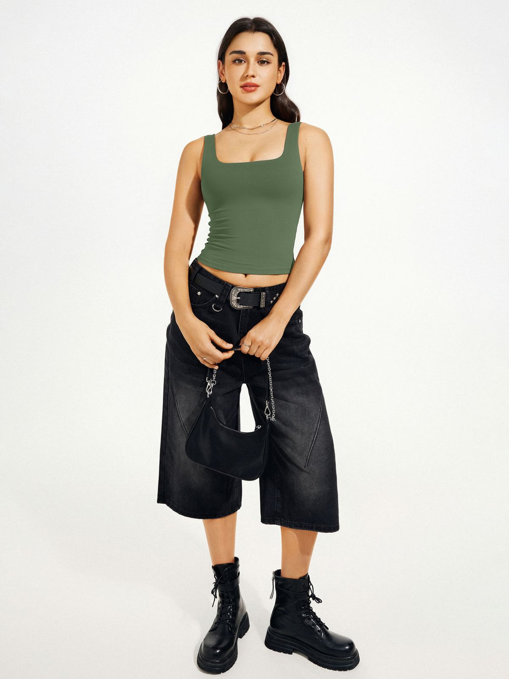 Square Neck Tank Top Double Lined Basic Crop Tops